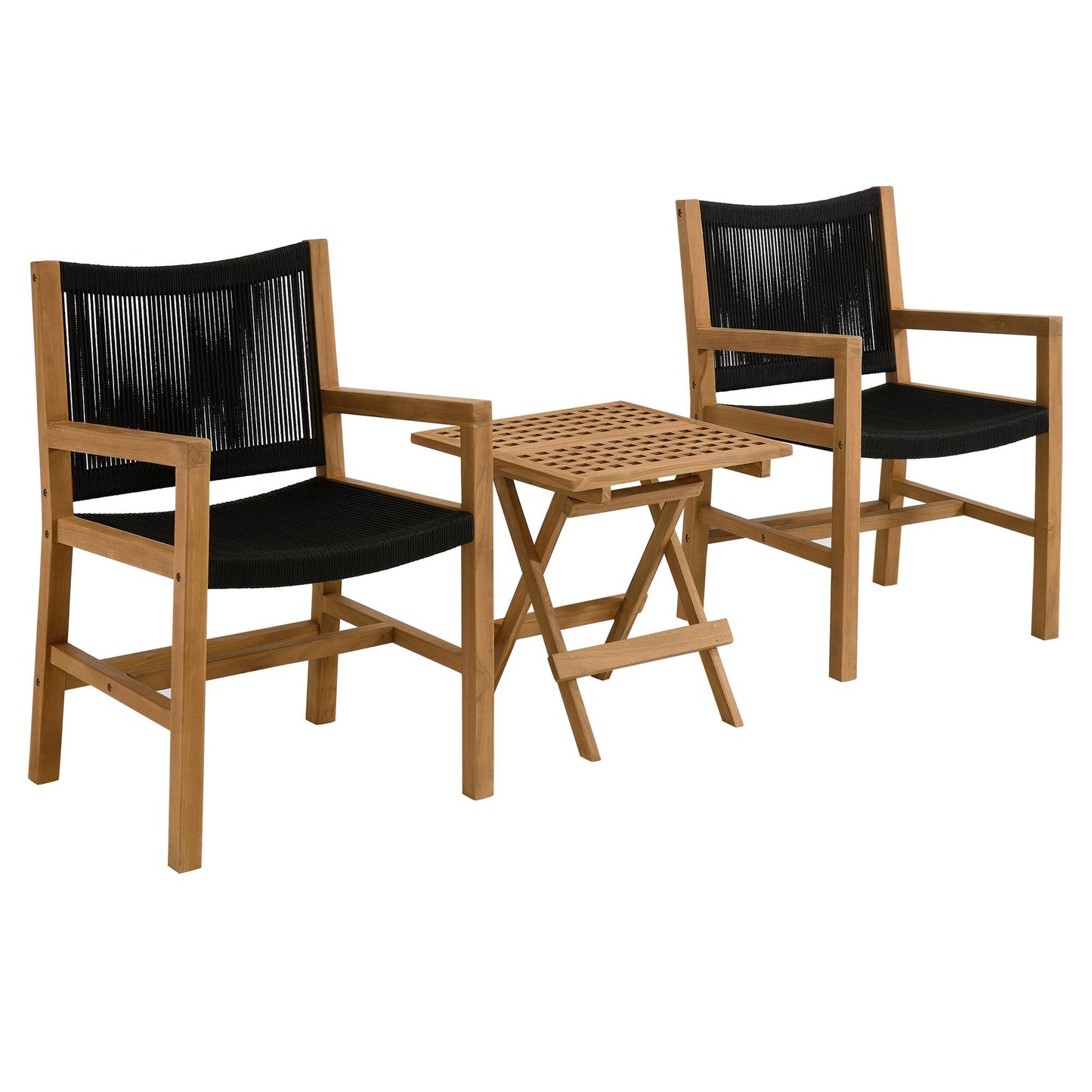 Vienna 3-Piece Outdoor Patio Teak and Rope Armchairs with Folding Side Table by Modway EEI-6936-NAT-BLK