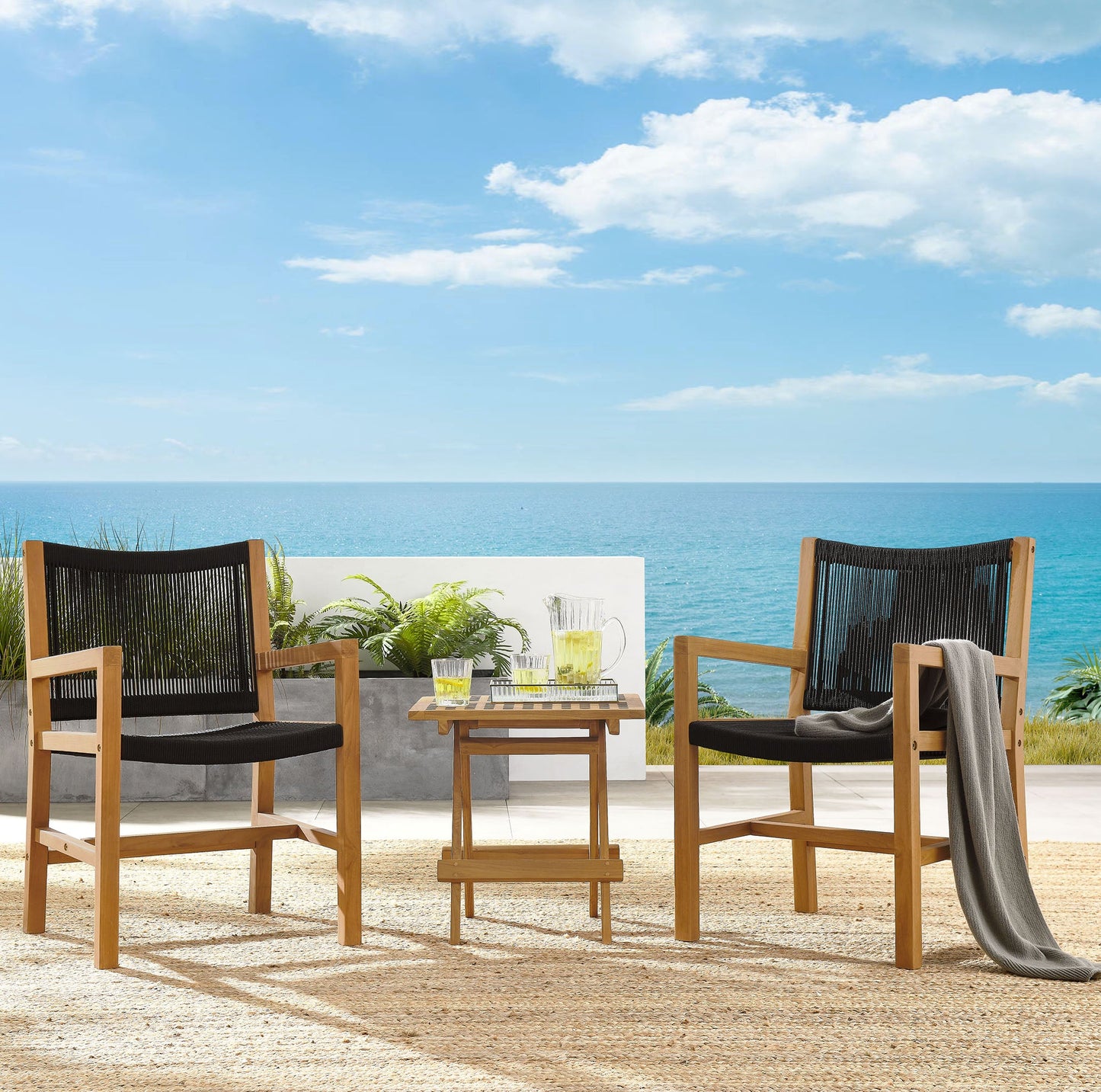 Vienna 3-Piece Outdoor Patio Teak and Rope Armchairs with Folding Side Table by Modway EEI-6936-NAT-BLK
