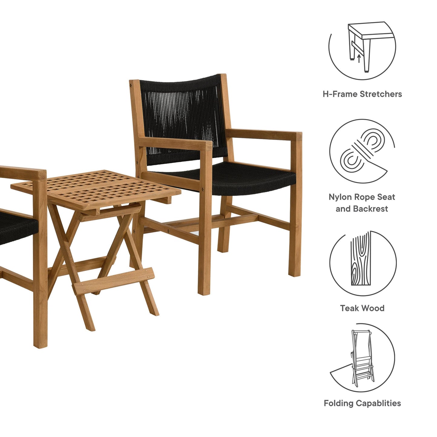 Vienna 3-Piece Outdoor Patio Teak and Rope Armchairs with Folding Side Table by Modway EEI-6936-NAT-BLK