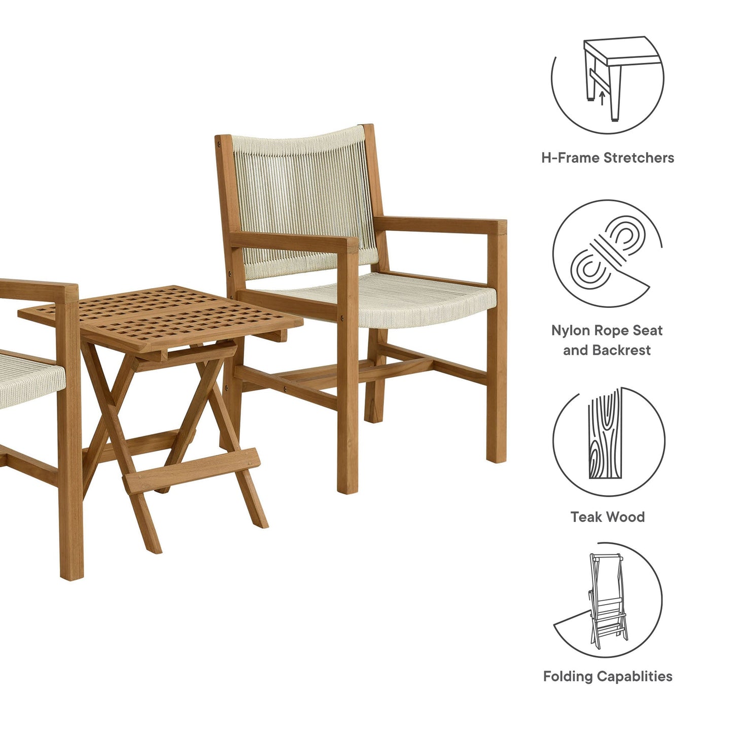 Vienna 3-Piece Outdoor Patio Teak and Rope Armchairs with Folding Side Table by Modway EEI-6936-NAT-NAT