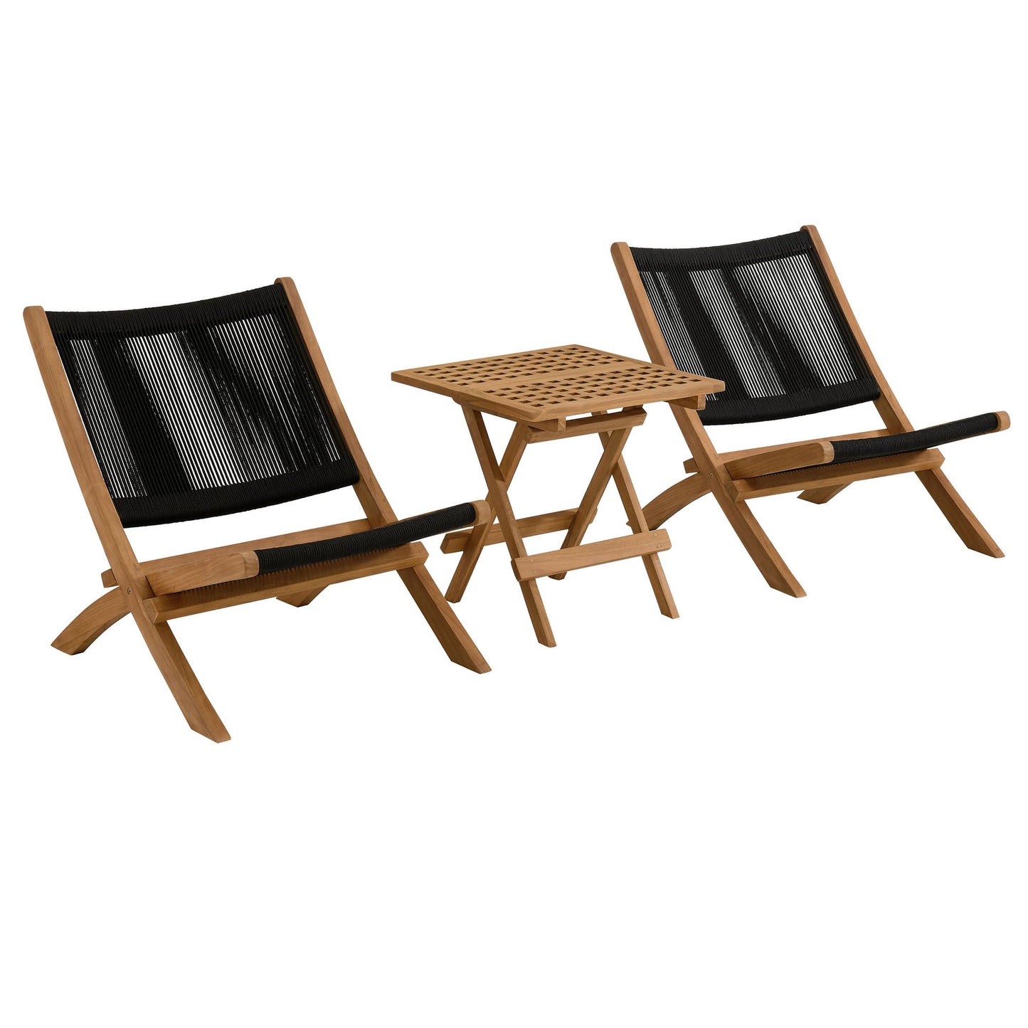 Vienna 3-Piece Outdoor Patio Teak and Rope Folding Lounge Chairs and Side Table by Modway EEI-6937-NAT-BLK