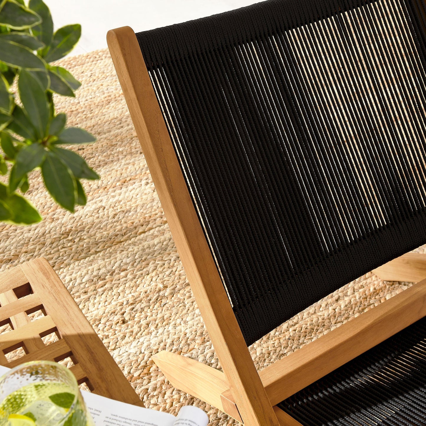 Vienna 3-Piece Outdoor Patio Teak and Rope Folding Lounge Chairs and Side Table by Modway EEI-6937-NAT-BLK