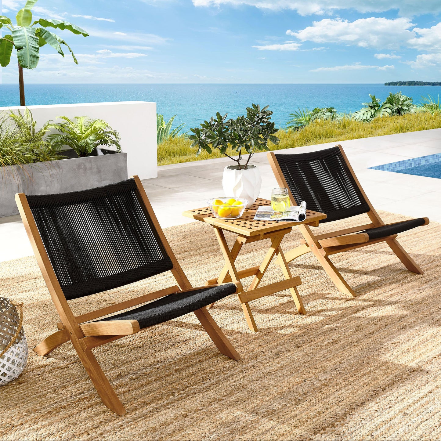 Vienna 3-Piece Outdoor Patio Teak and Rope Folding Lounge Chairs and Side Table by Modway EEI-6937-NAT-BLK