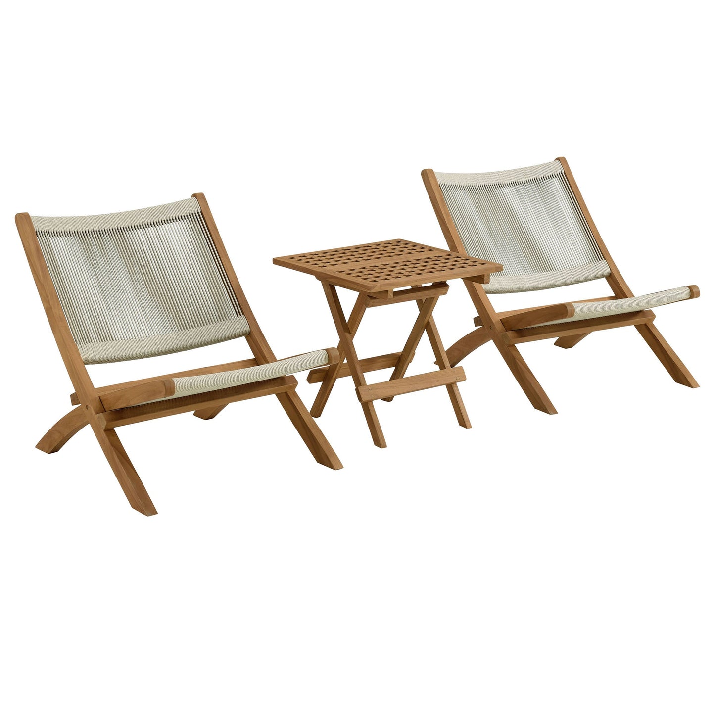 Vienna 3-Piece Outdoor Patio Teak and Rope Folding Lounge Chairs and Side Table by Modway EEI-6937-NAT-NAT
