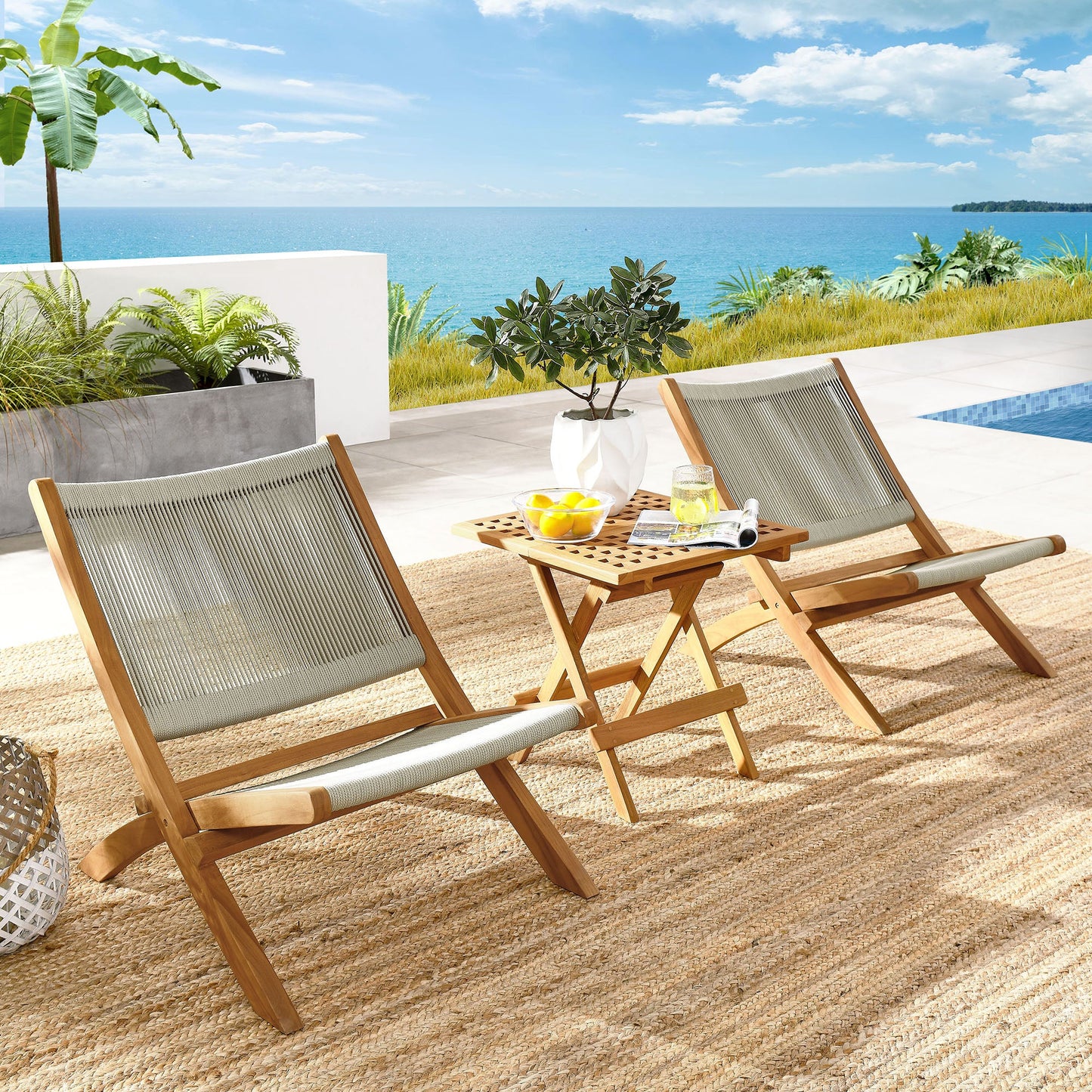 Vienna 3-Piece Outdoor Patio Teak and Rope Folding Lounge Chairs and Side Table by Modway EEI-6937-NAT-NAT