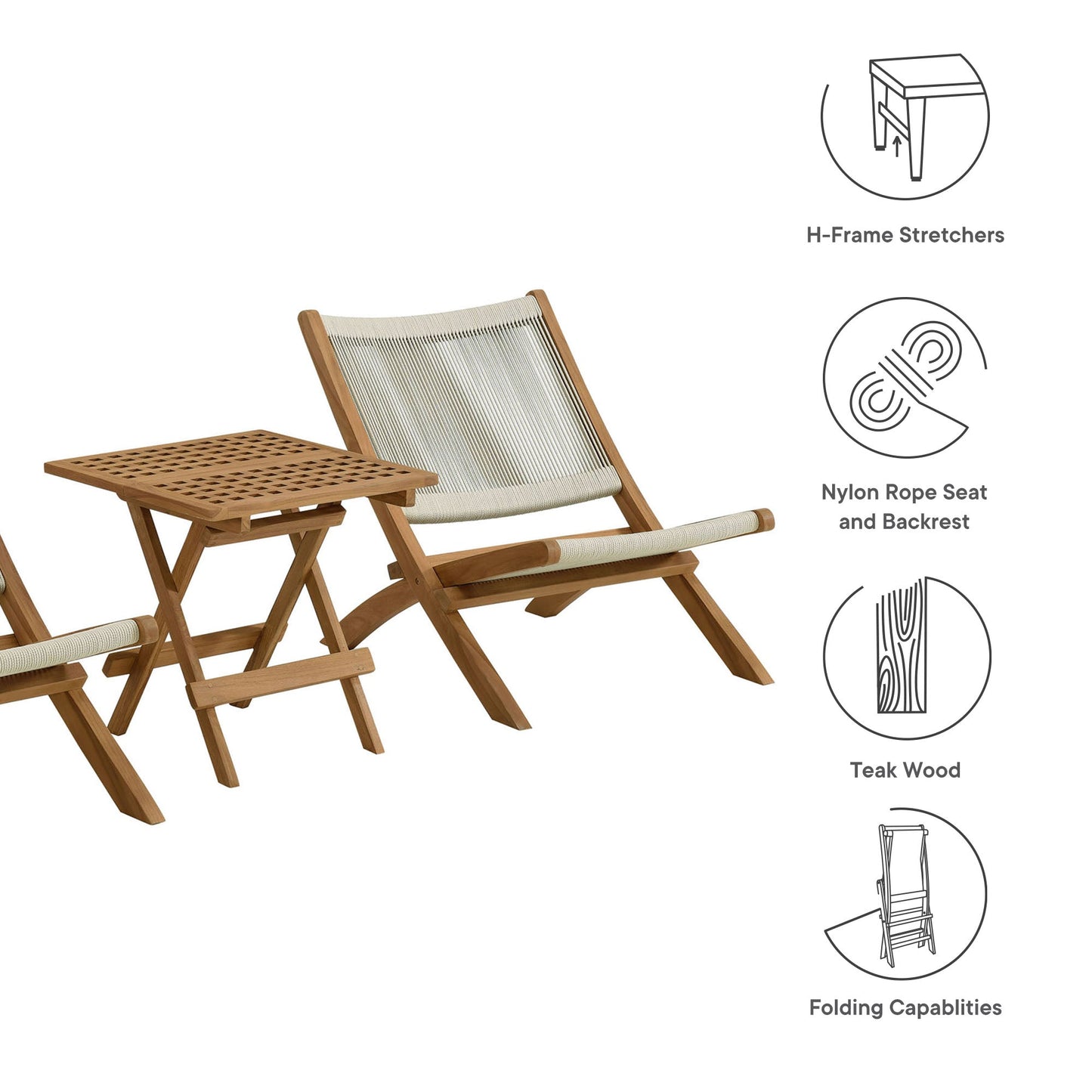 Vienna 3-Piece Outdoor Patio Teak and Rope Folding Lounge Chairs and Side Table by Modway EEI-6937-NAT-NAT