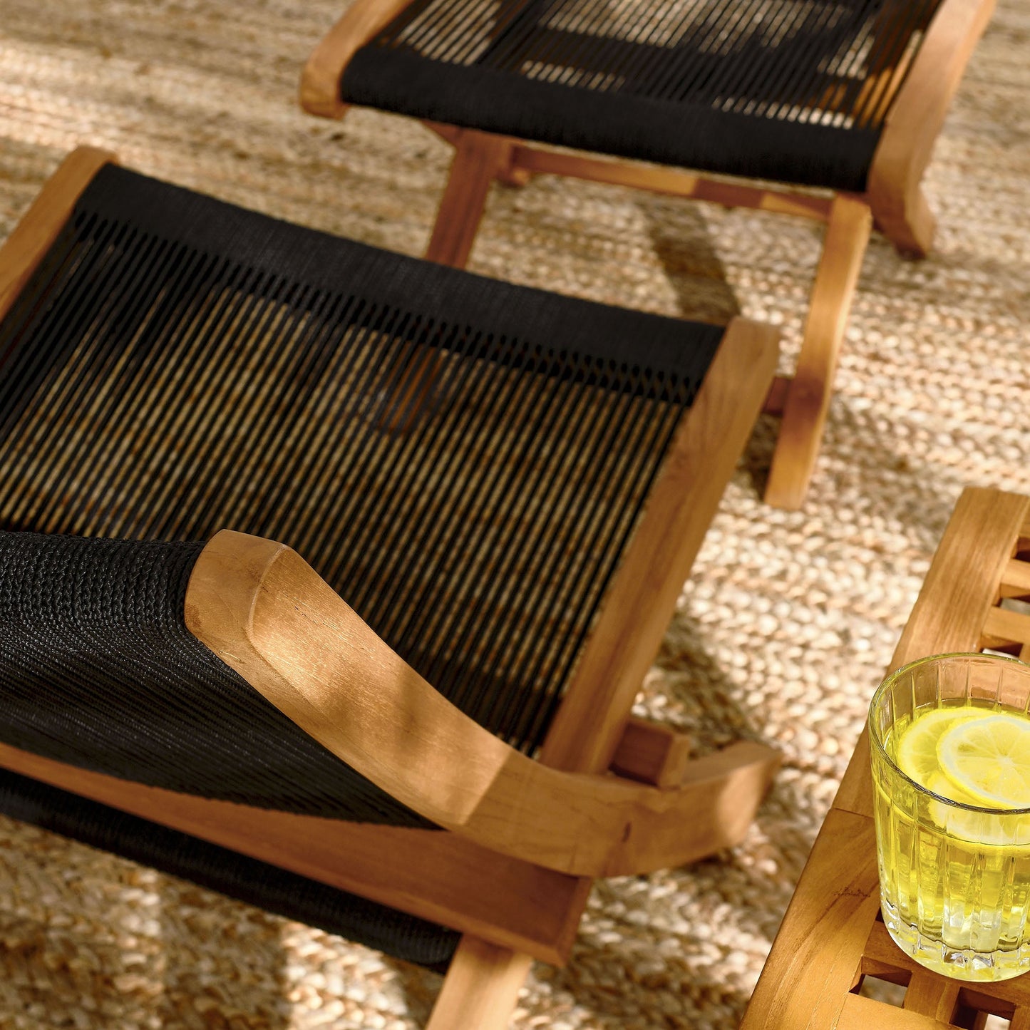 Vienna 2-Piece Outdoor Patio Teak and Rope Folding Accent Lounge Chair and Ottoman Set by Modway EEI-6938-NAT-BLK