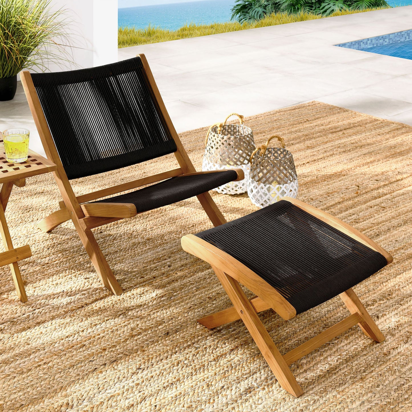 Vienna 2-Piece Outdoor Patio Teak and Rope Folding Accent Lounge Chair and Ottoman Set by Modway EEI-6938-NAT-BLK