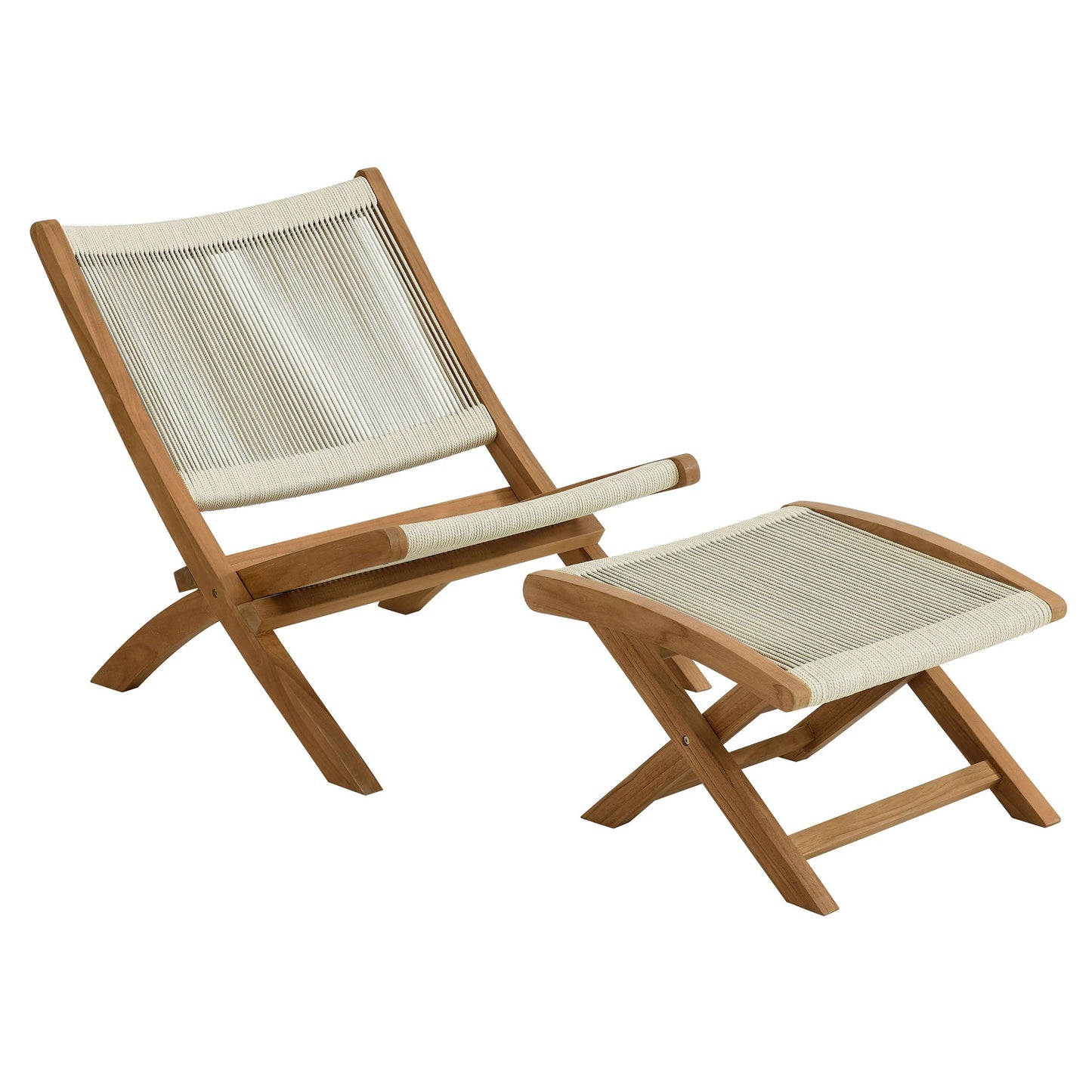 Vienna 2-Piece Outdoor Patio Teak and Rope Folding Accent Lounge Chair and Ottoman Set by Modway EEI-6938-NAT-NAT