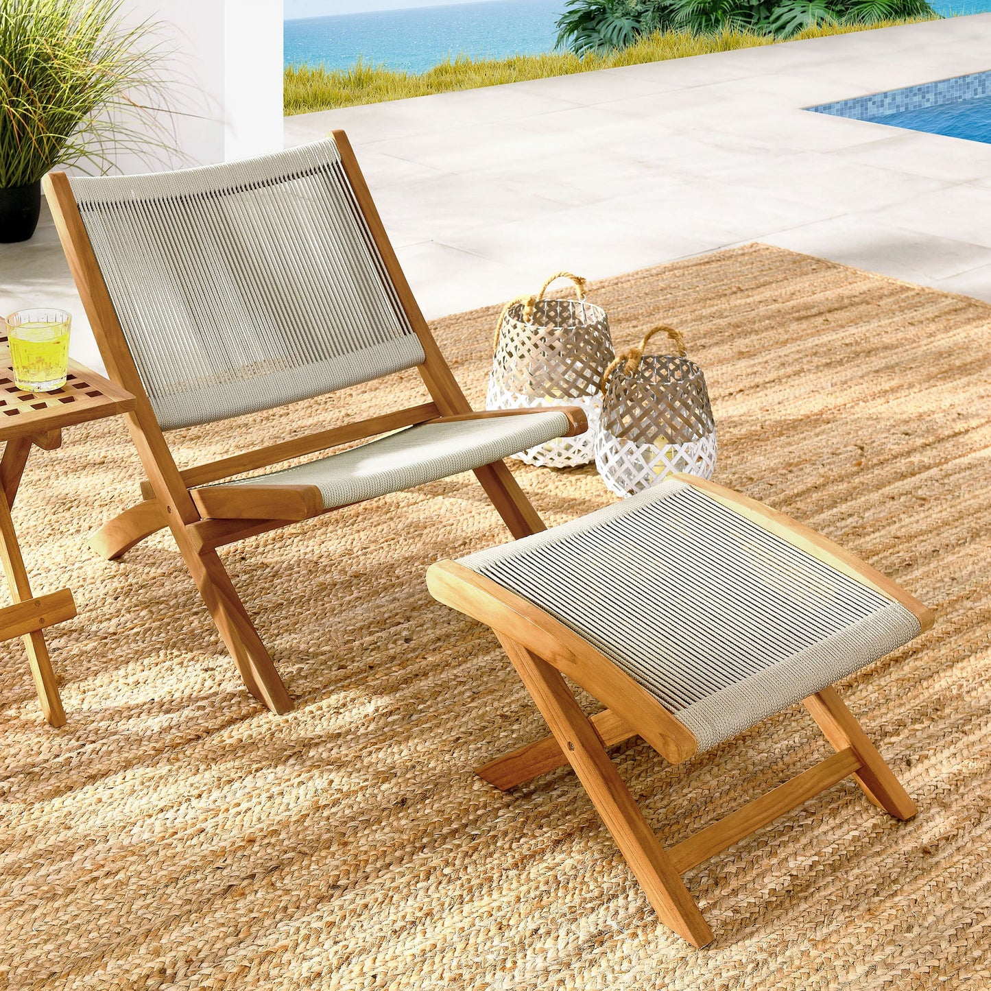 Vienna 2-Piece Outdoor Patio Teak and Rope Folding Accent Lounge Chair and Ottoman Set by Modway EEI-6938-NAT-NAT