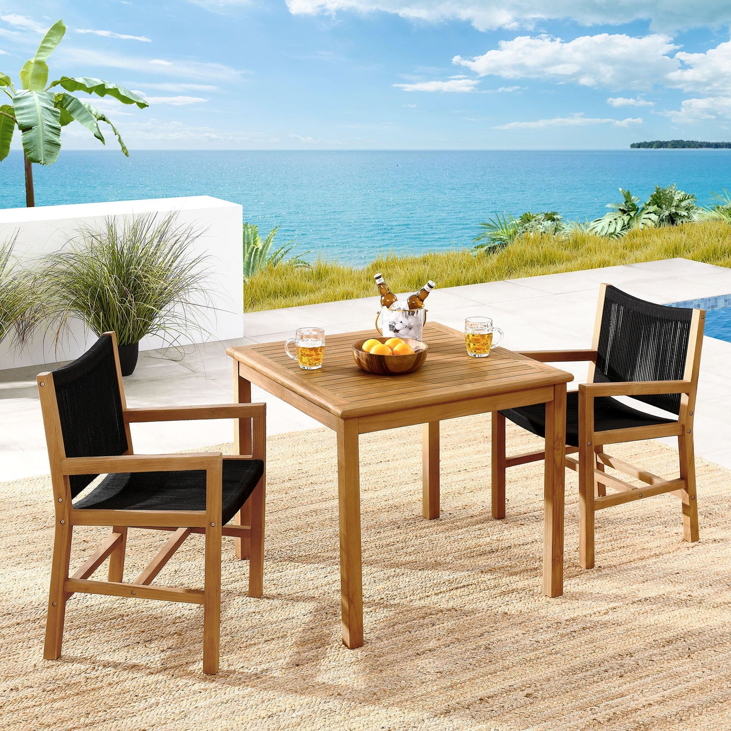 Vienna 3-Piece Outdoor Patio Teak and Rope Dining Set with Armchairs and Armless Chairs by Modway