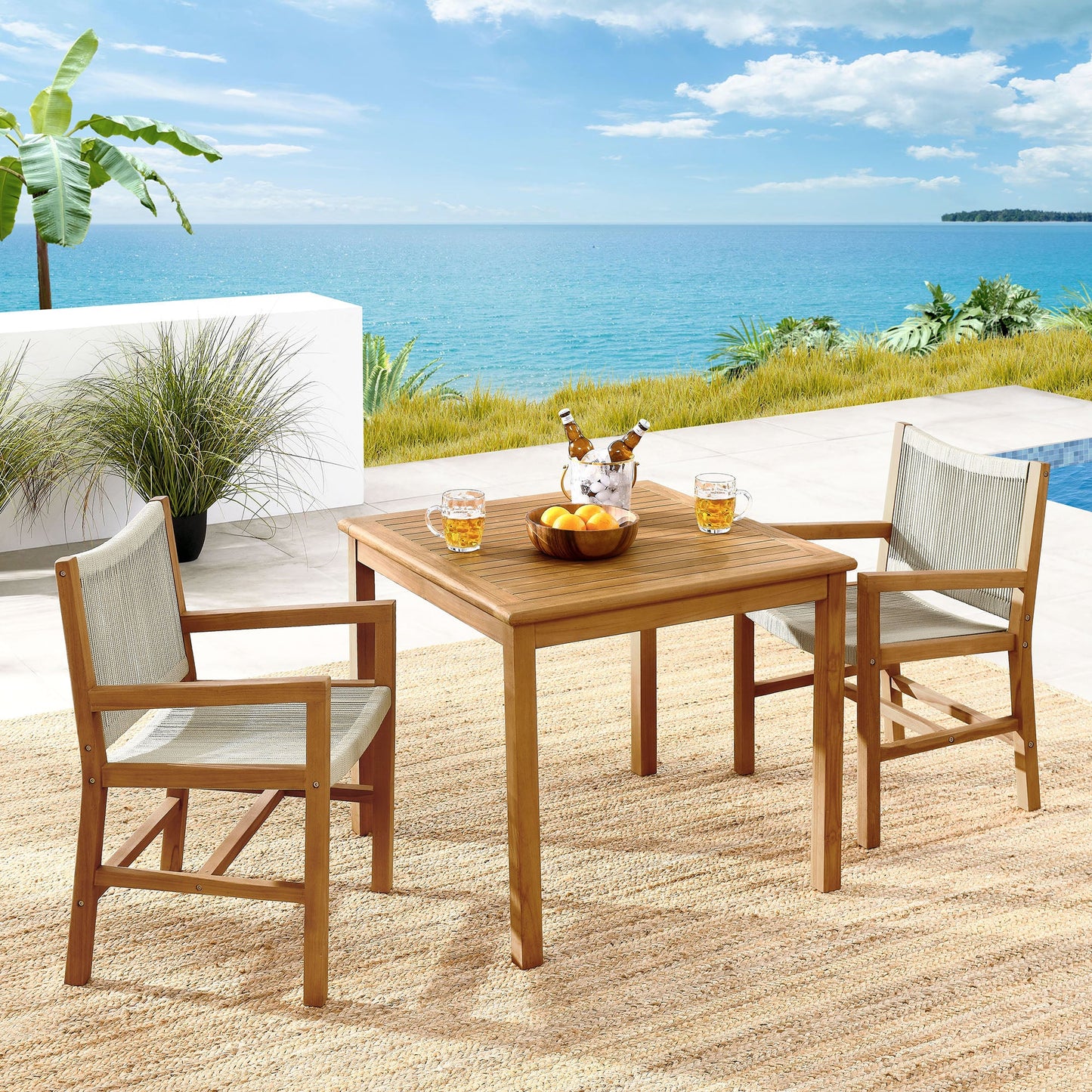 Vienna 3-Piece Outdoor Patio Teak and Rope Dining Set with Armchairs and Armless Chairs by Modway