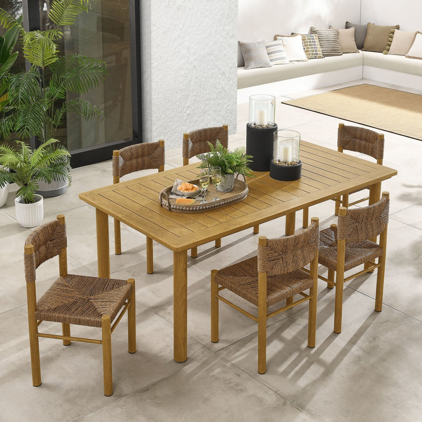 Abacus and Parkland 7-Piece Rectangular Outdoor Patio Dining Table Set with Rattan Armchairs by Modway