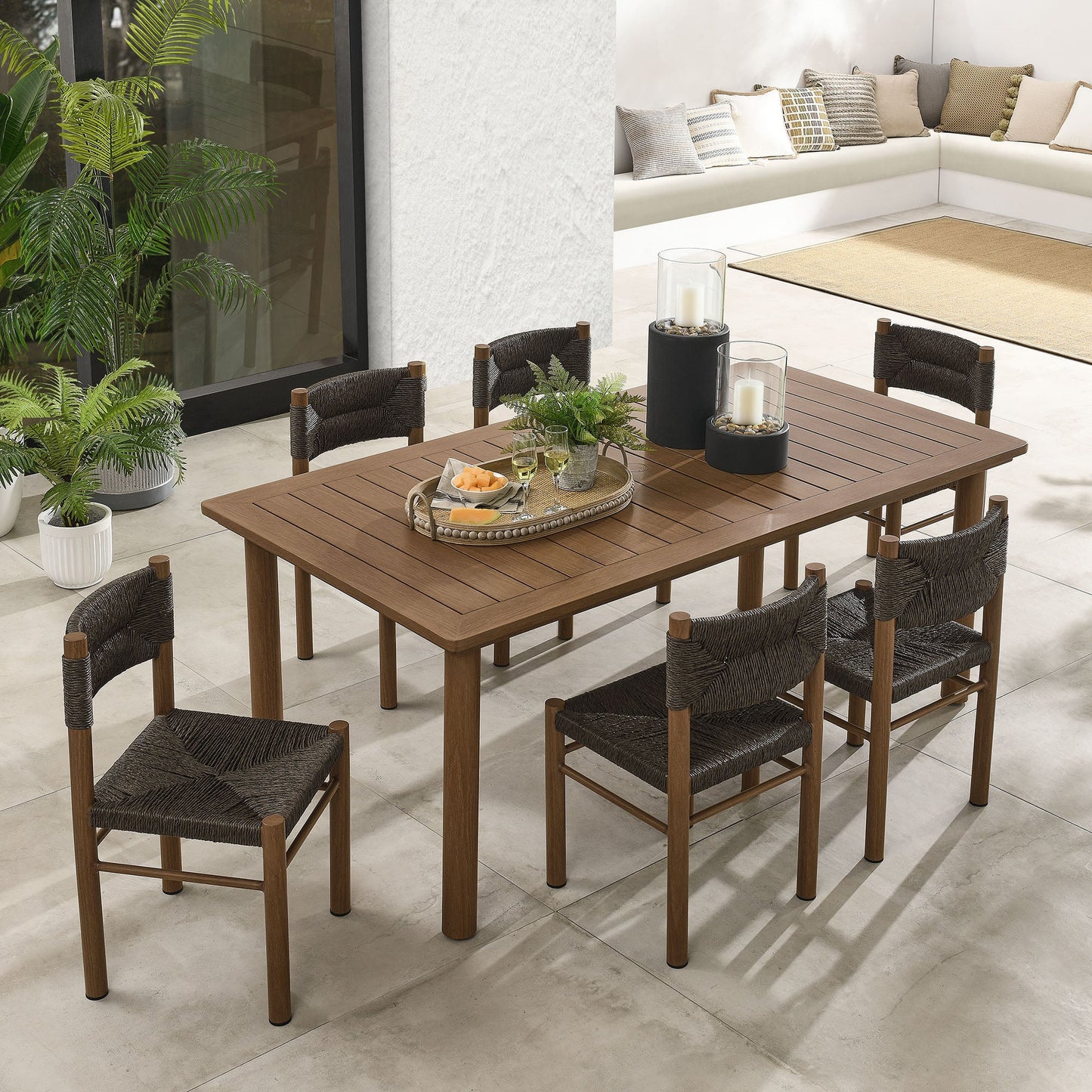 Abacus and Parkland 7-Piece Rectangular Outdoor Patio Dining Table Set with Rattan Armchairs by Modway