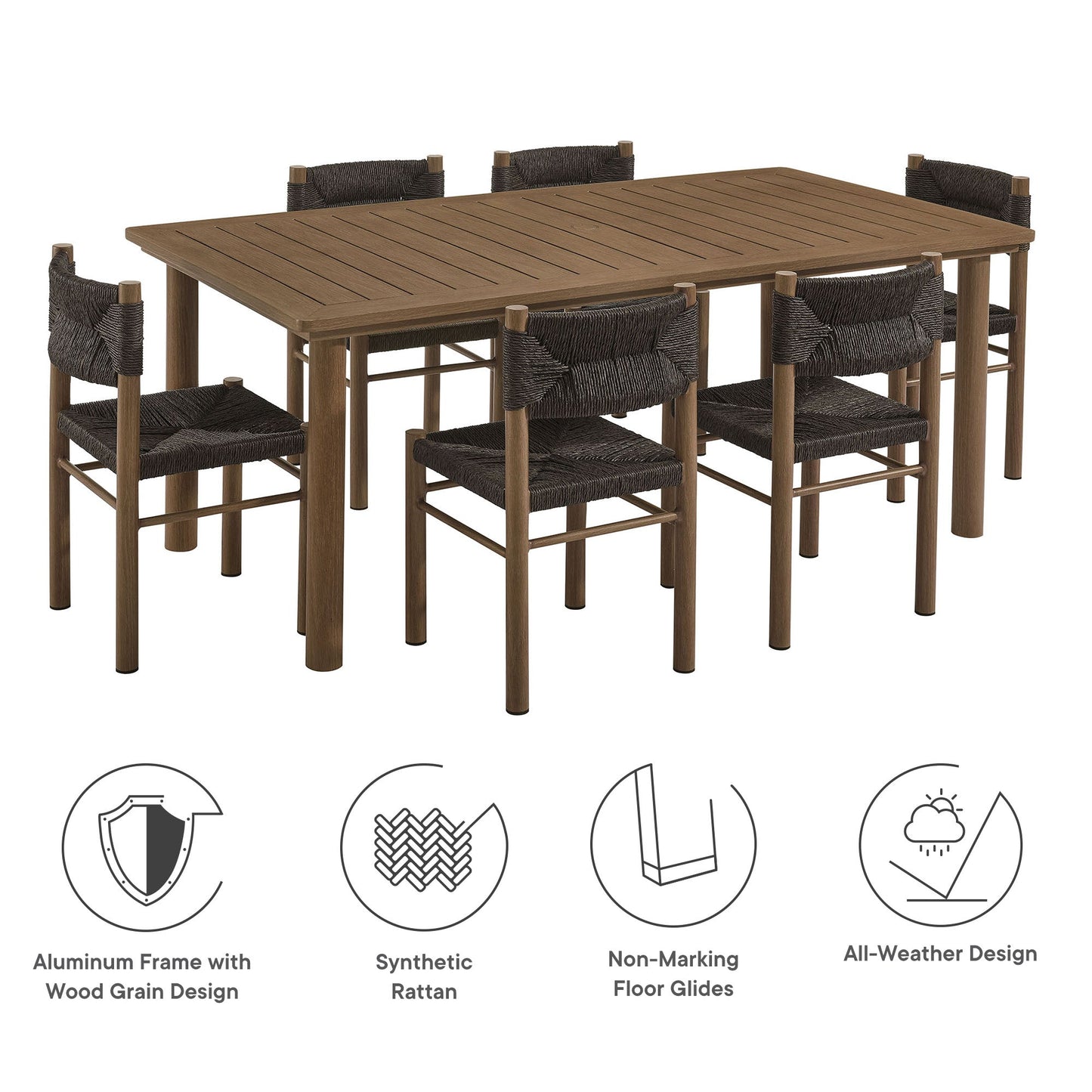 Abacus and Parkland 7-Piece Rectangular Outdoor Patio Dining Table Set with Rattan Armchairs by Modway