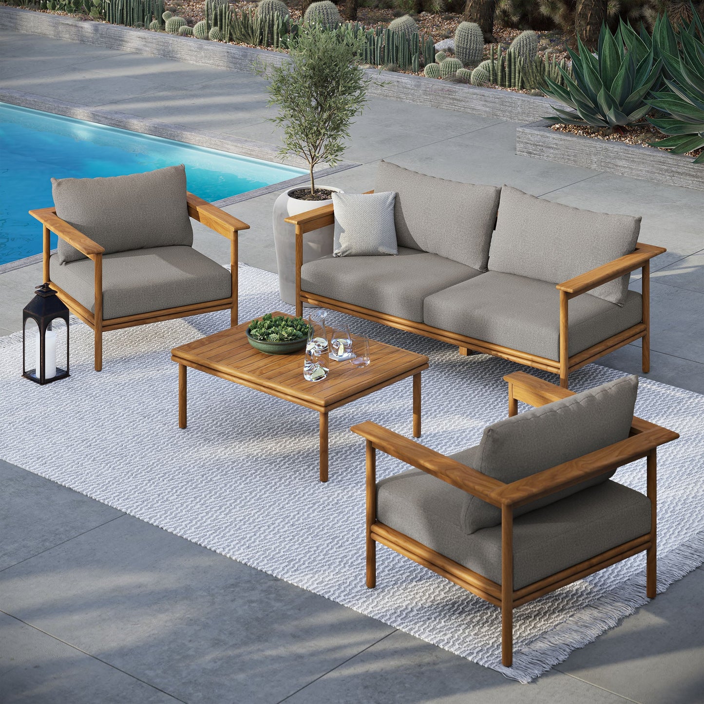 Wren 4-Piece Outdoor Patio Teak Wood Furniture Set by Modway EEI-7065-NAT-DRI