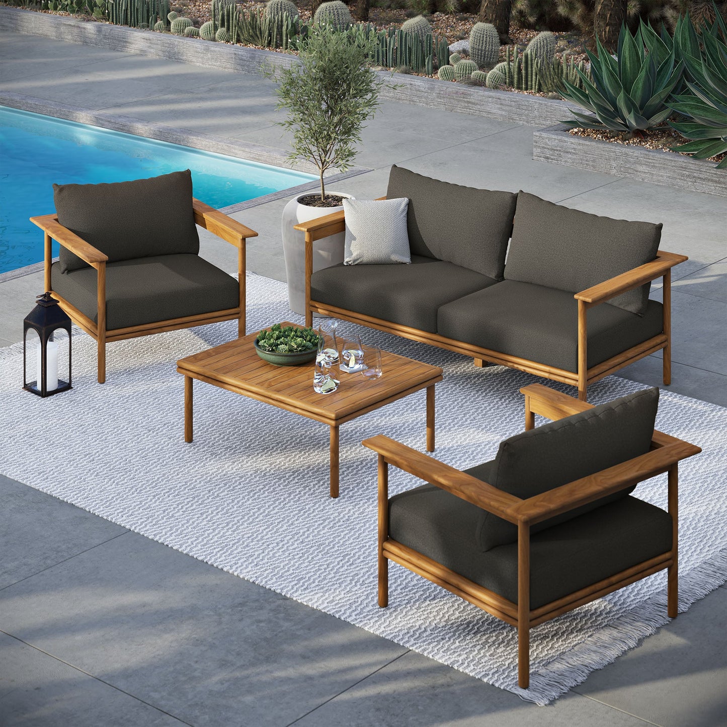 Wren 4-Piece Outdoor Patio Teak Wood Furniture Set by Modway EEI-7065-NAT-FLI