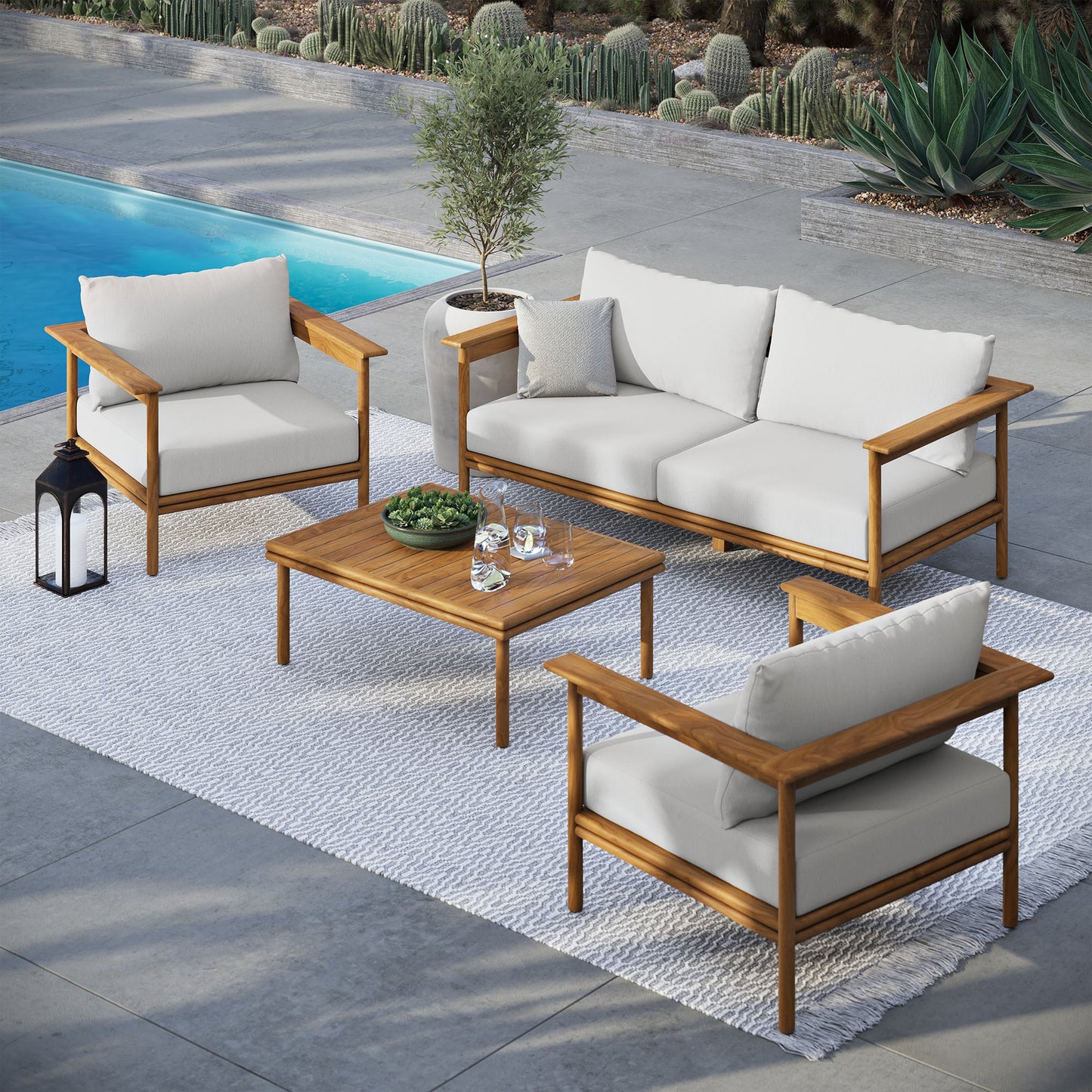 Wren 4-Piece Outdoor Patio Teak Wood Furniture Set by Modway EEI-7065-NAT-SAI