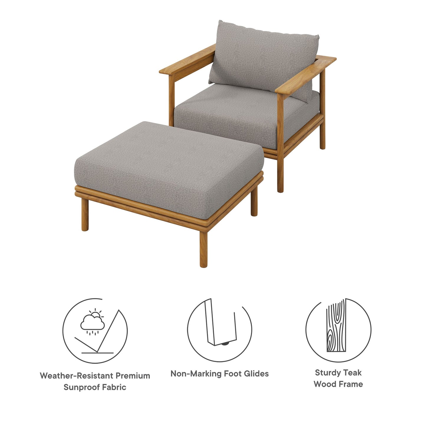 Wren Outdoor Patio Teak Wood Armchair and Ottoman Set by Modway EEI-7067-NAT-DRI