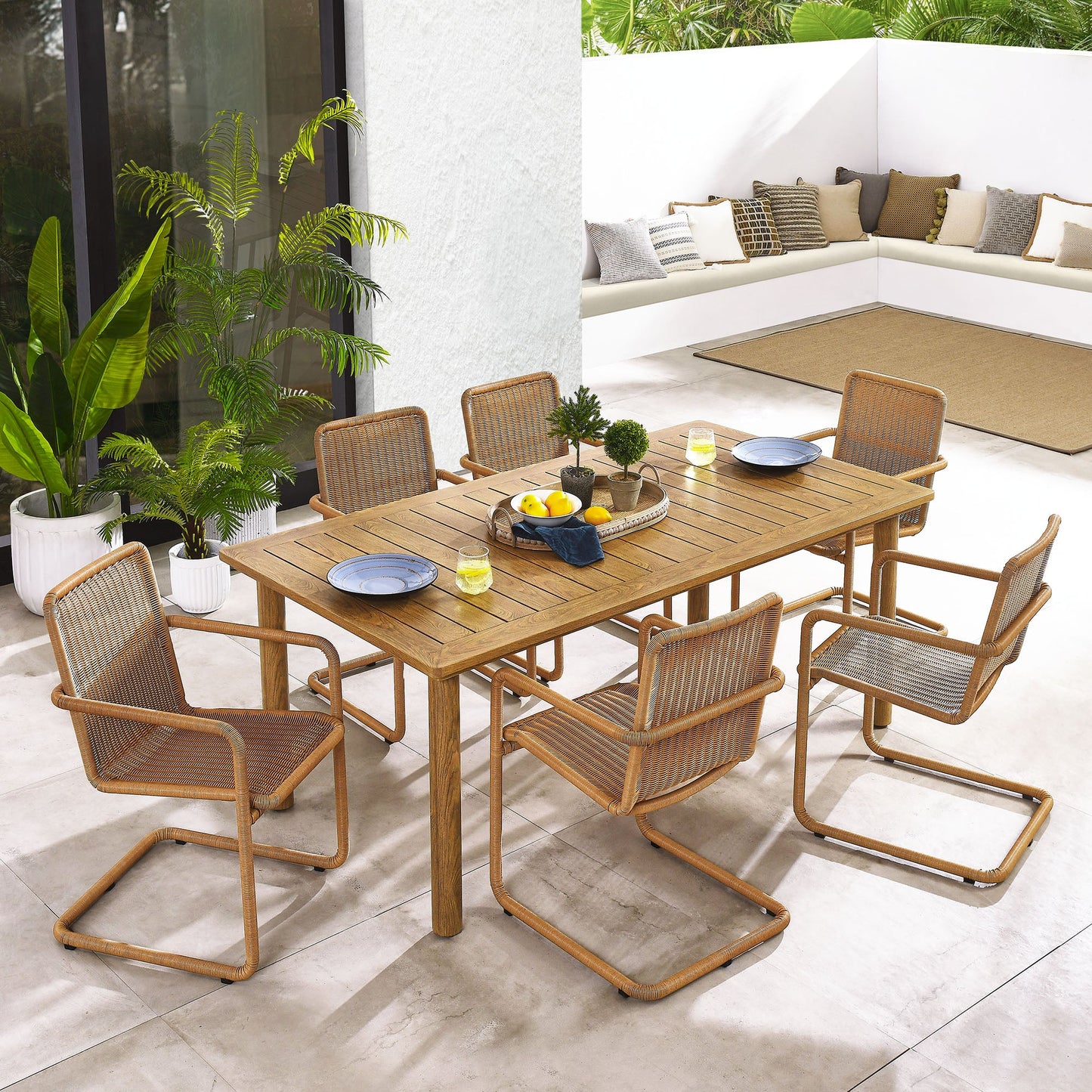 Abacus and Parkland 7-Piece Rectangular Outdoor Patio Dining Table Set with Rattan Armchairs by Modway