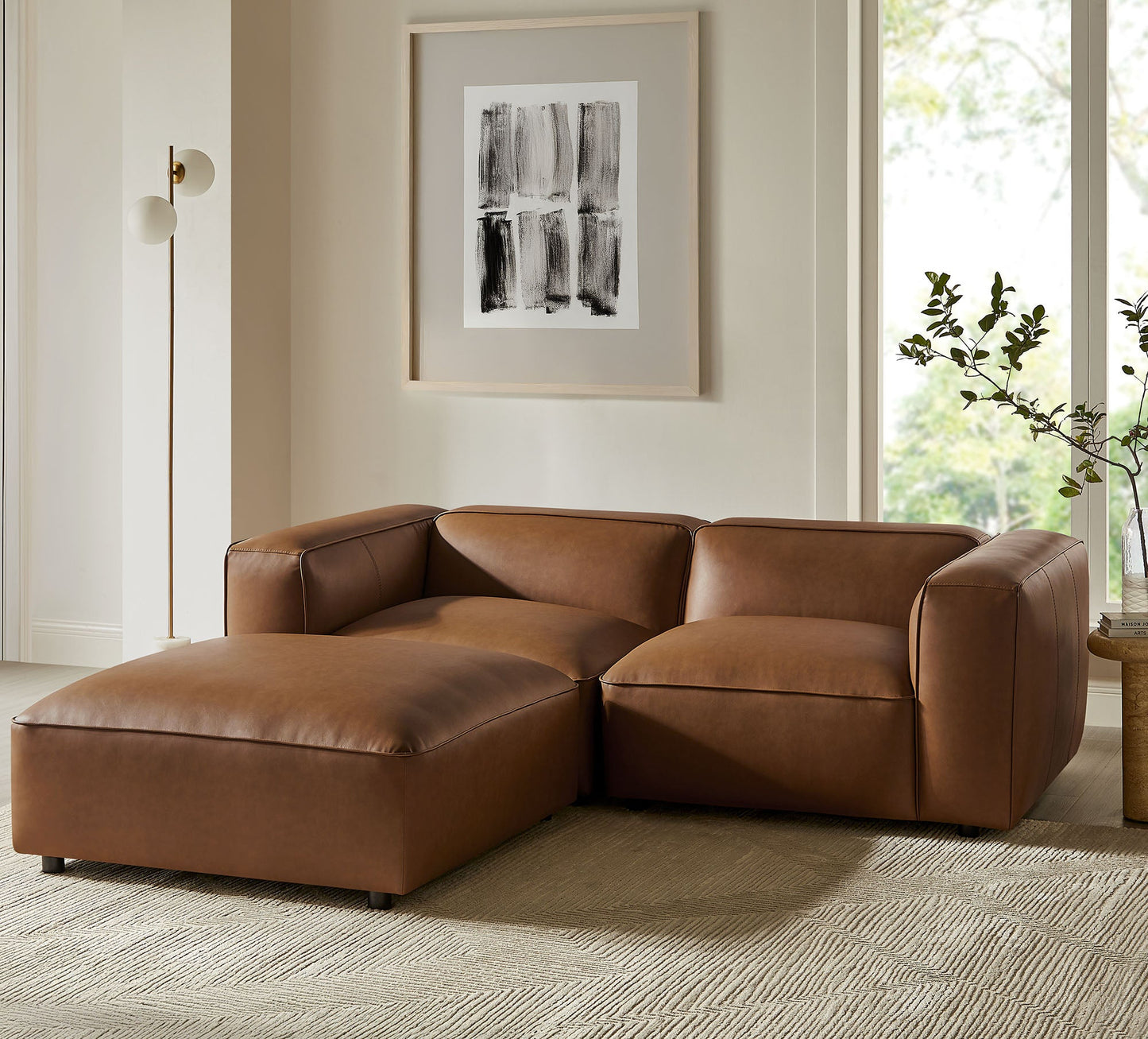 Auren 3-Piece Upholstered Vegan Leather Modular Loveseat with Ottoman by Modway EEI-7130-COF