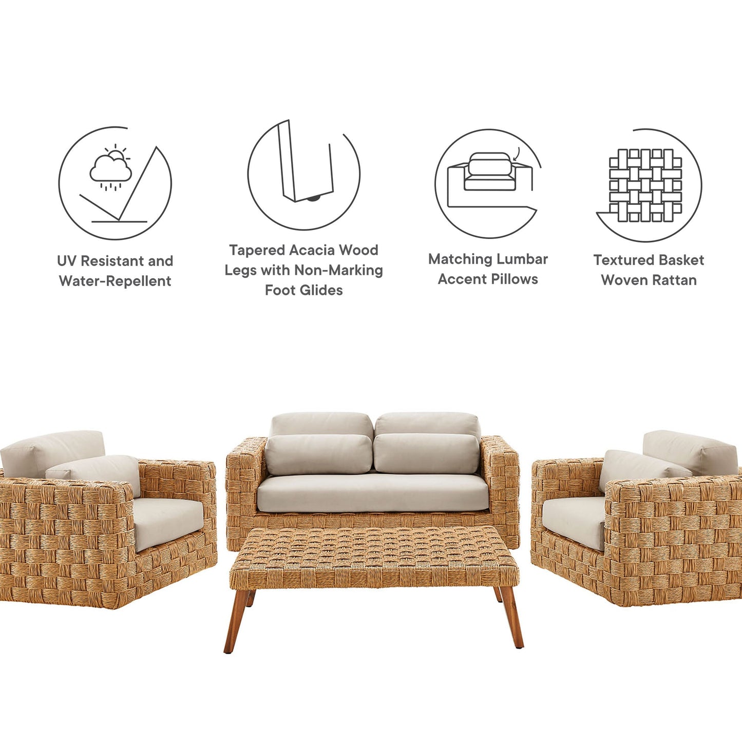 Thames 4-Piece Outdoor Patio Wicker Outdoor Patio Rattan Furniture Set by Modway EEI-7135-NAT-LGR