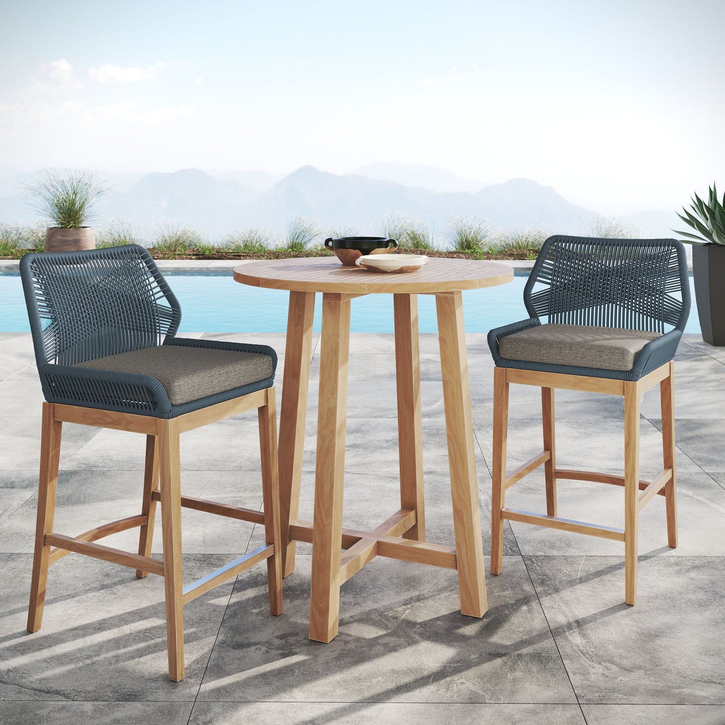 Wellspring 3-Piece Outdoor Patio Teak Wood Bar Set by Modway EEI-7163-BLU-GPH-SET