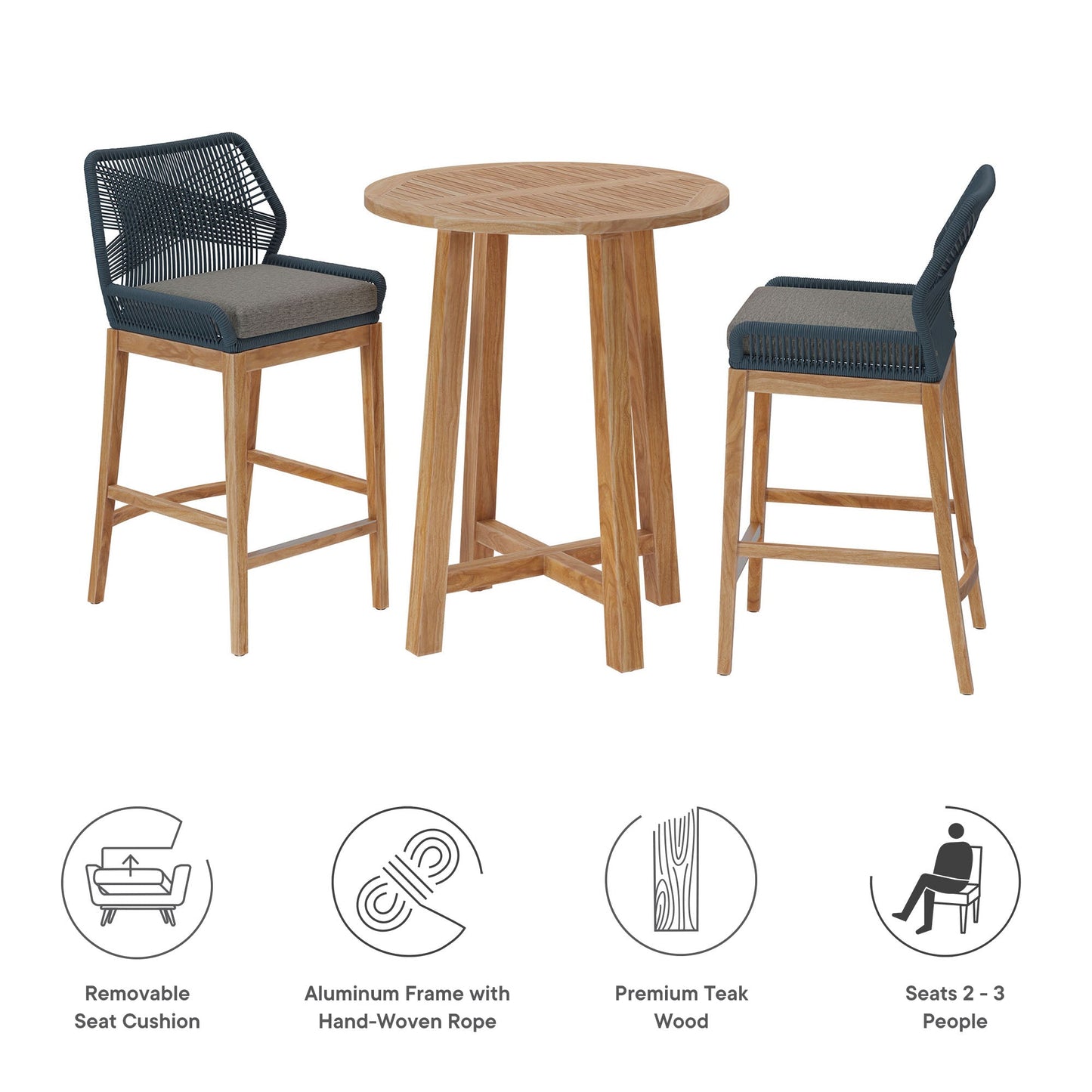 Wellspring 3-Piece Outdoor Patio Teak Wood Bar Set by Modway EEI-7163-BLU-GPH-SET