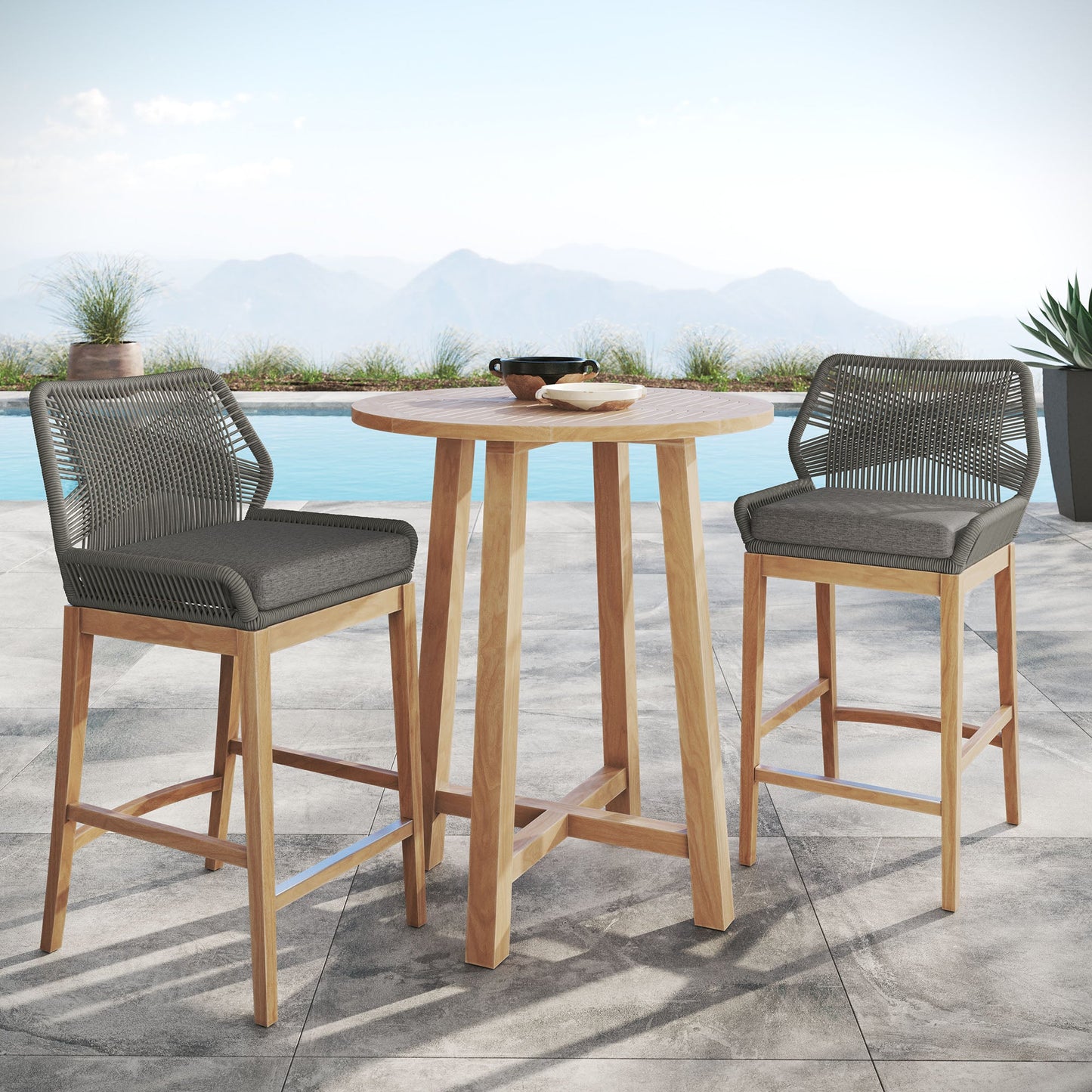 Wellspring 3-Piece Outdoor Patio Teak Wood Bar Set by Modway EEI-7163-GRY-GPH-SET