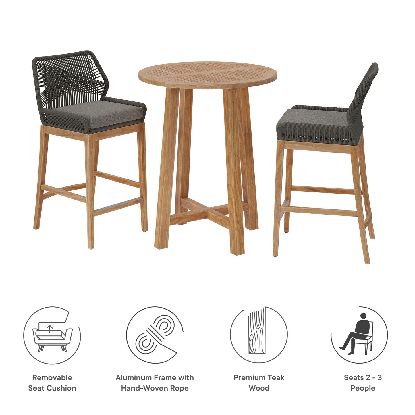 Wellspring 3-Piece Outdoor Patio Teak Wood Bar Set by Modway EEI-7163-GRY-GPH-SET