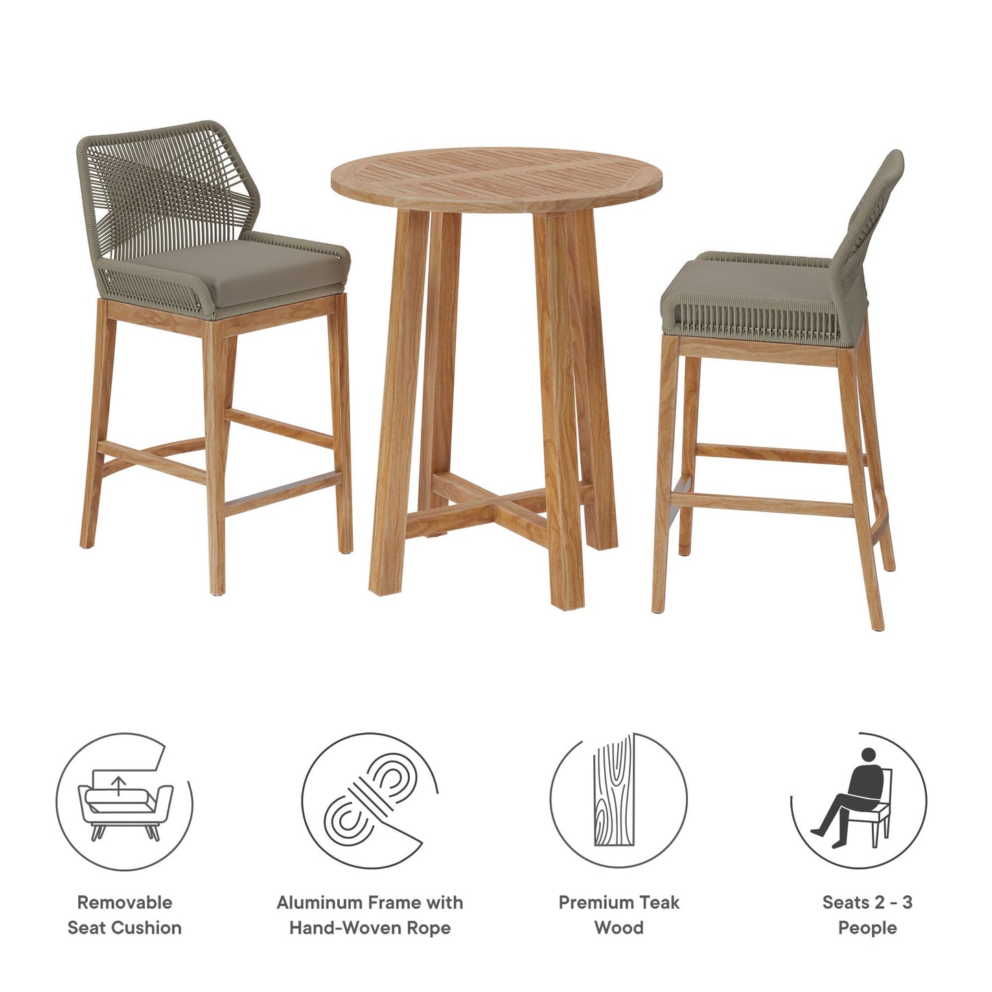 Wellspring 3-Piece Outdoor Patio Teak Wood Bar Set by Modway EEI-7163-LGR-GRG-SET