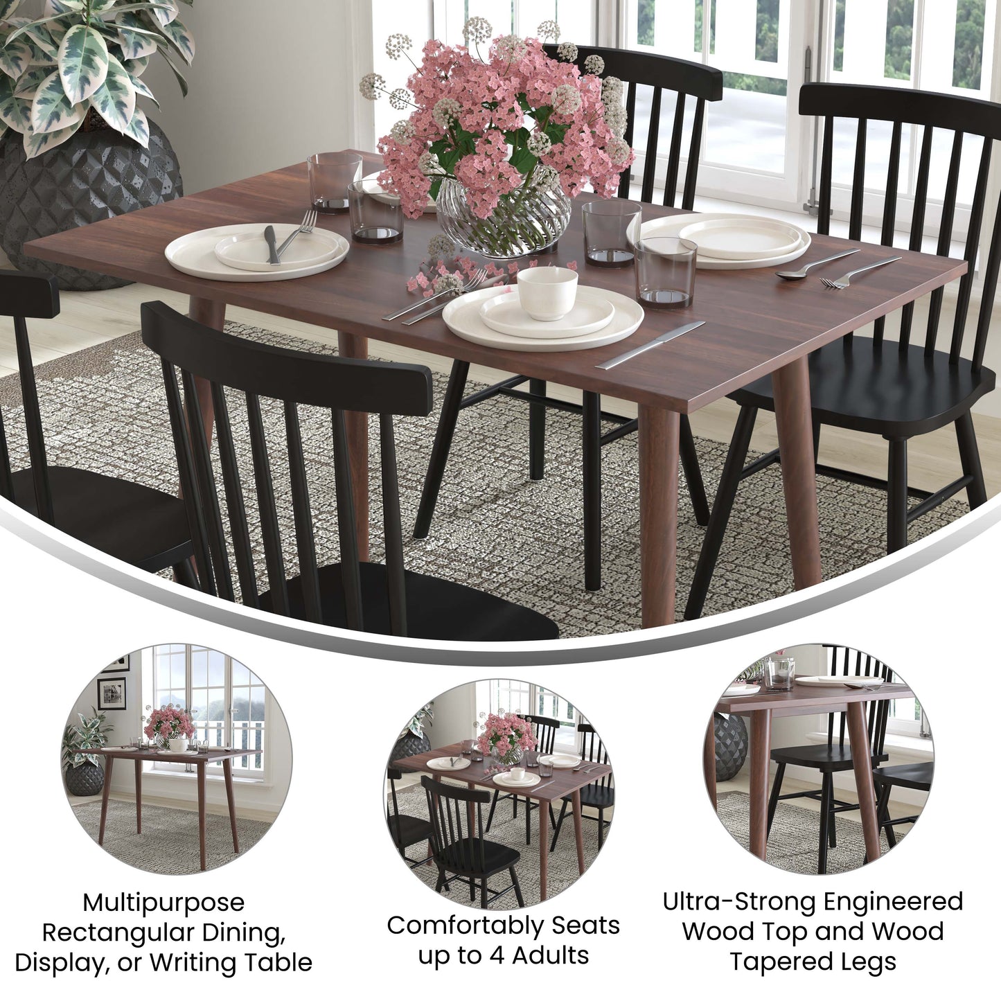 47" Dark Walnut Dining Table EM-DT16001-WAL-GG