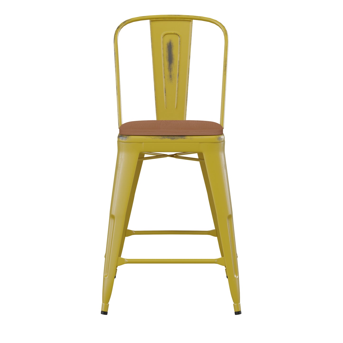 Yellow Metal Stool-Teak Seat ET-3534-24-YL-PL1T-GG