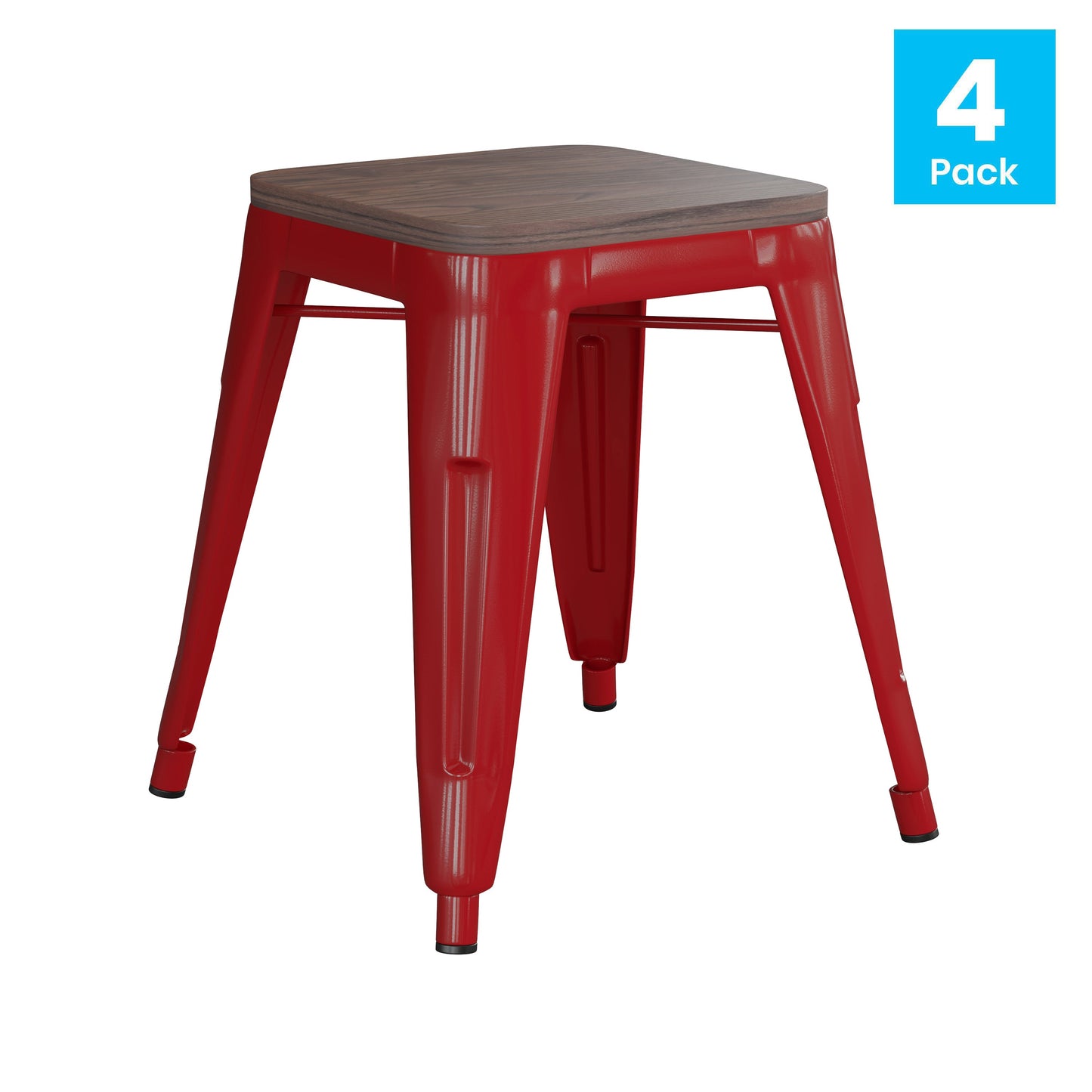 4PK Red Stool-Wood Seat ET-BT3503-18-RED-WD-GG
