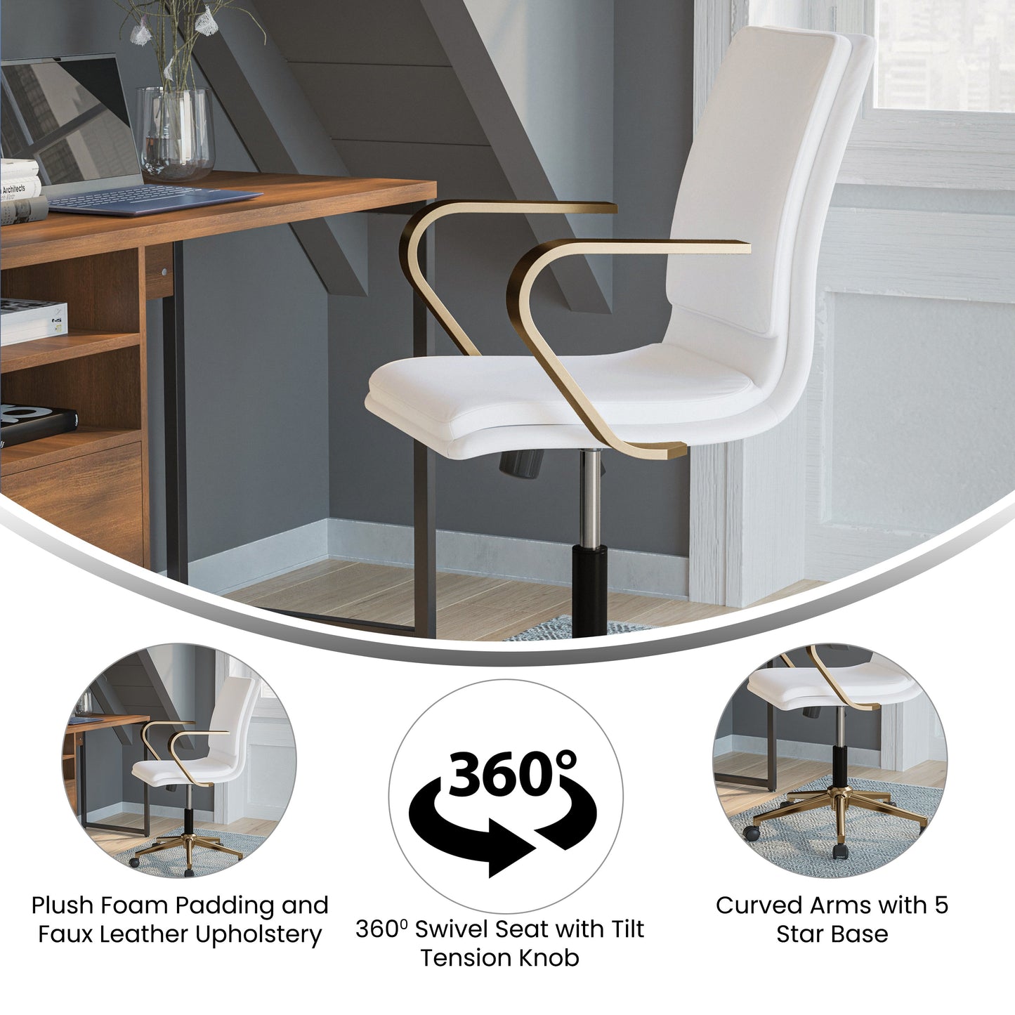 Swivel Desk Chair with Chrome and Gold Accents - Multiple Color Options Available