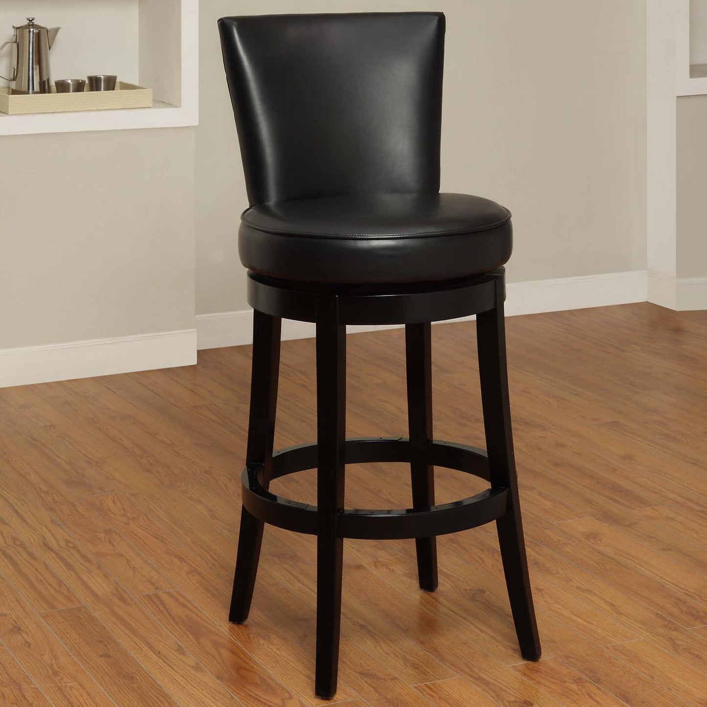 Boston Swivel Faux Leather and Black Wood Bar Stool, Counter and Bar Height