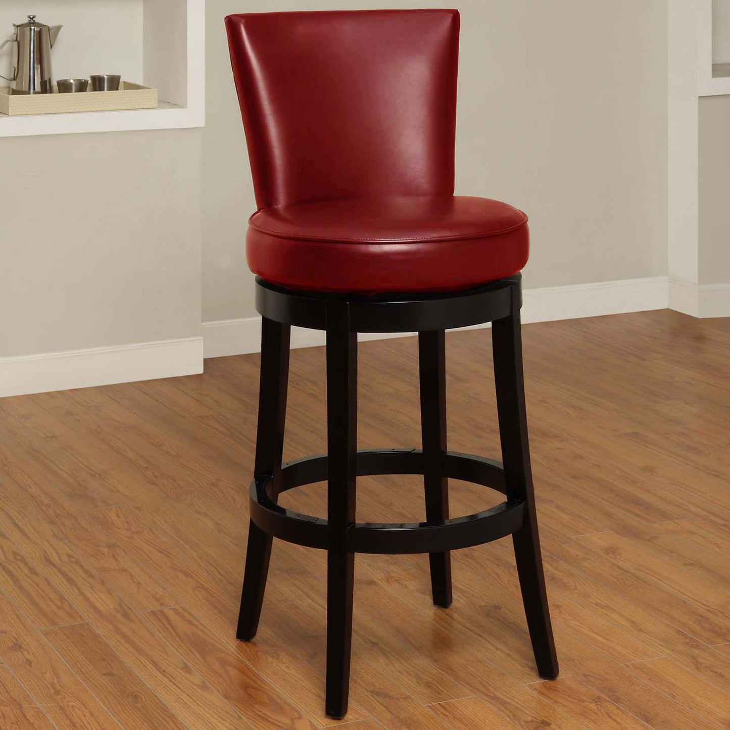 Boston Swivel Faux Leather and Black Wood Bar Stool, Counter and Bar Height
