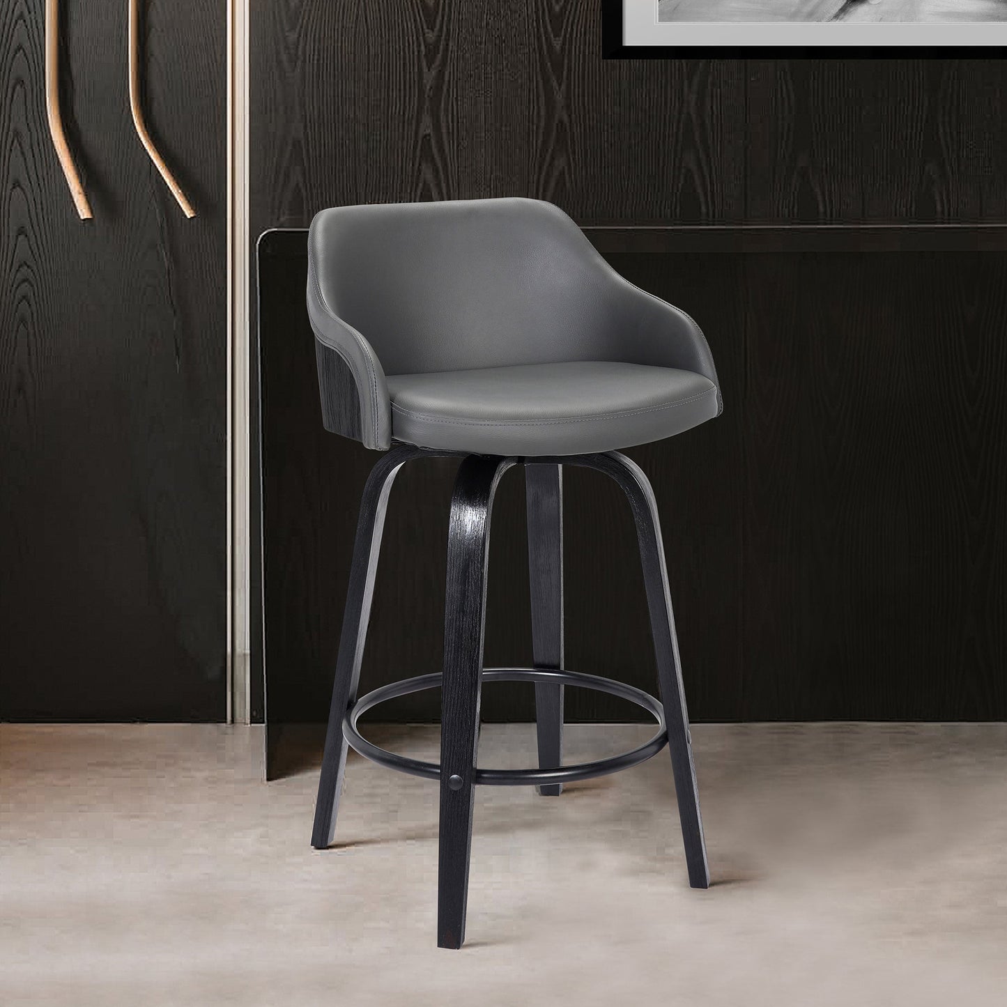Alec Swivel Faux Leather and Wood Bar Stool in Counter and Bar Height