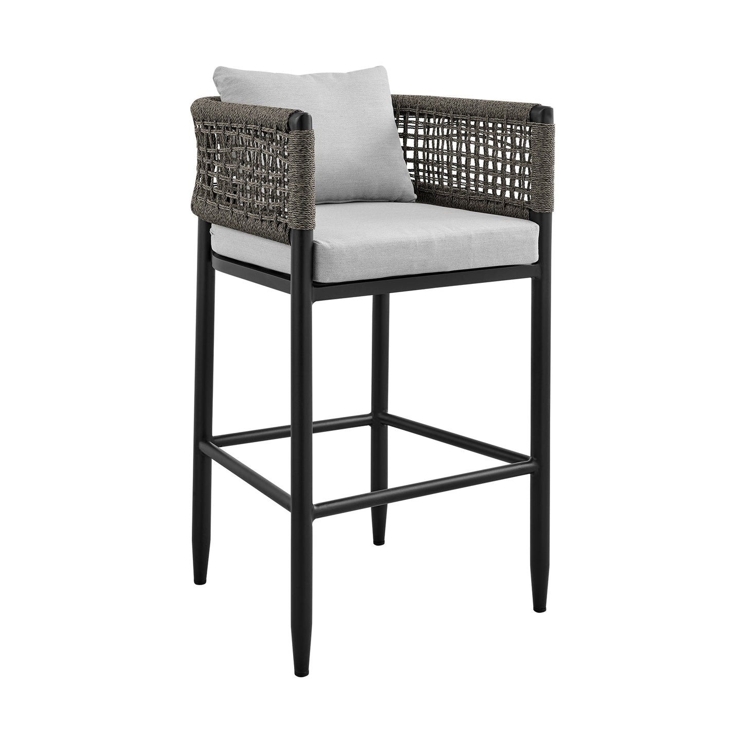 Alegria Outdoor Patio Bar Stool in Aluminum with Rope and Cushions
