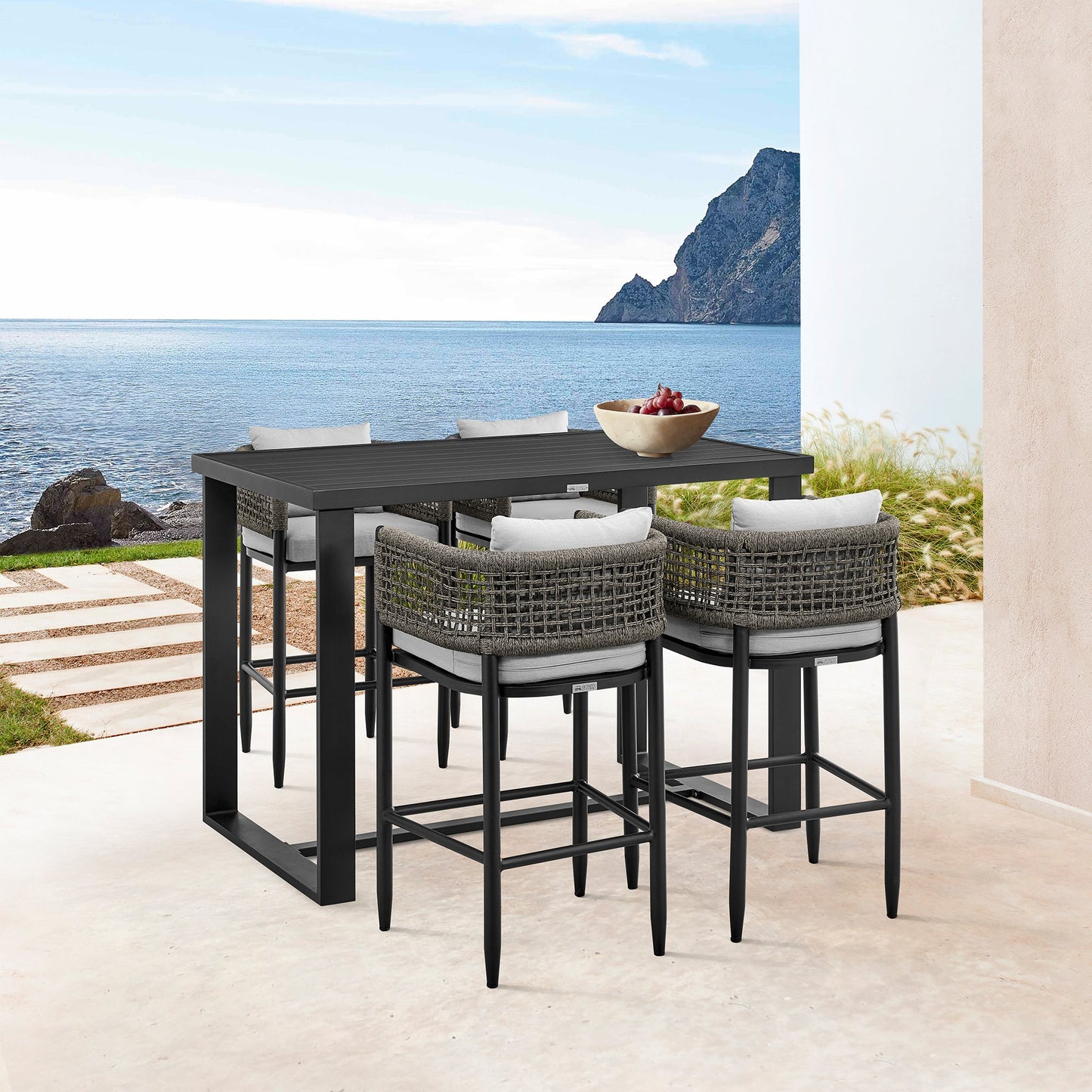 Alegria Outdoor Patio Bar Stool in Aluminum with Rope and Cushions