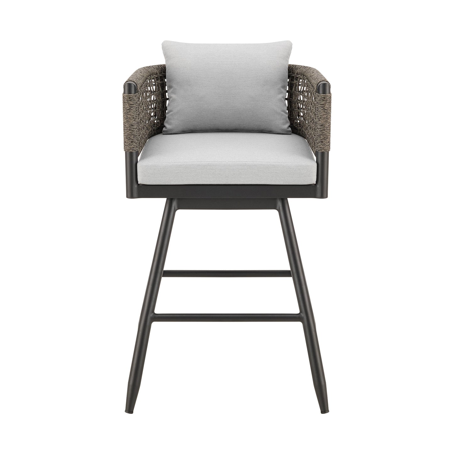Alegria Outdoor Patio Swivel Stool in Aluminum with Gray Rope and Cushions