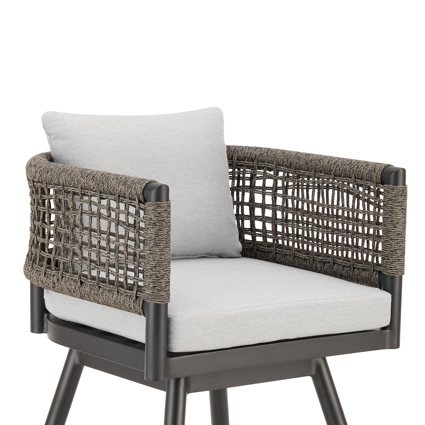 Alegria Outdoor Patio Swivel Stool in Aluminum with Gray Rope and Cushions