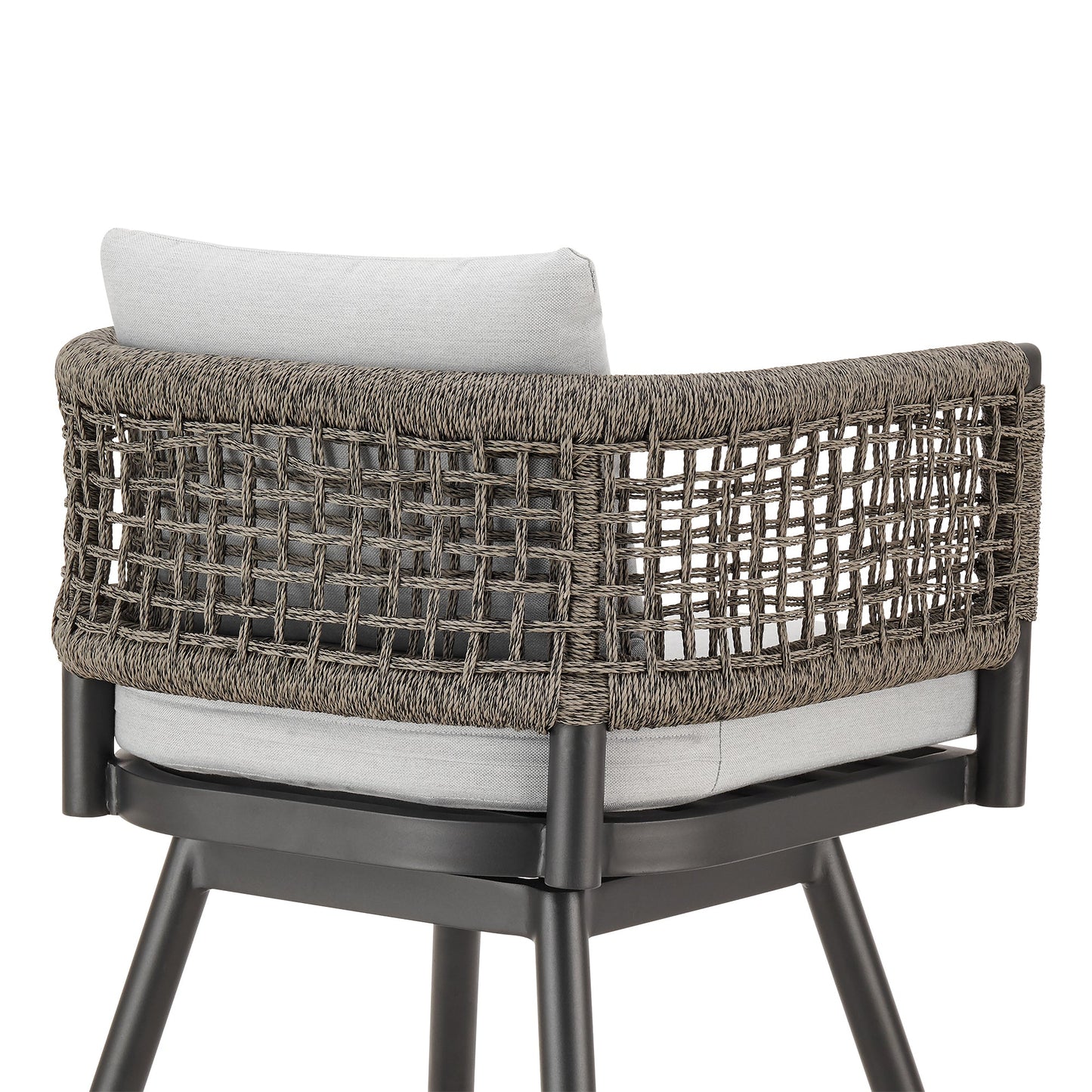 Alegria Outdoor Patio Swivel Stool in Aluminum with Gray Rope and Cushions