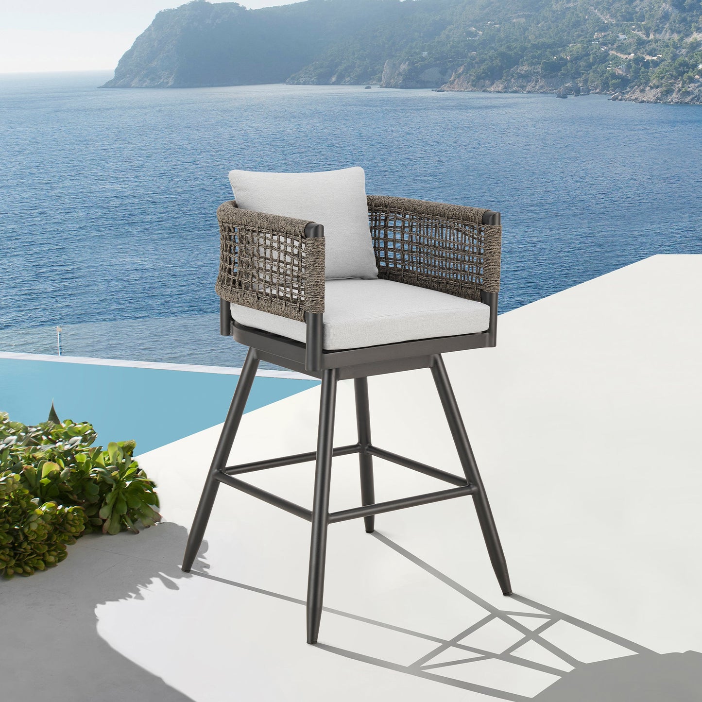 Alegria Outdoor Patio Swivel Stool in Aluminum with Gray Rope and Cushions