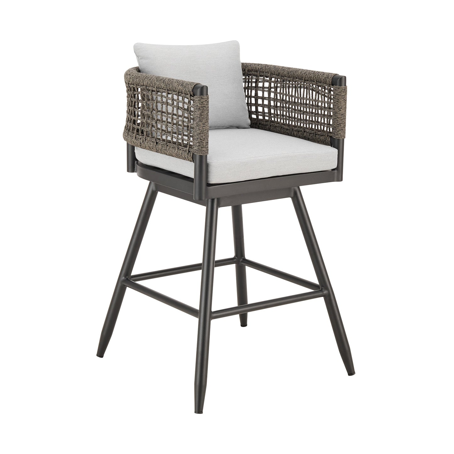 Alegria Outdoor Patio Swivel Stool in Aluminum with Gray Rope and Cushions
