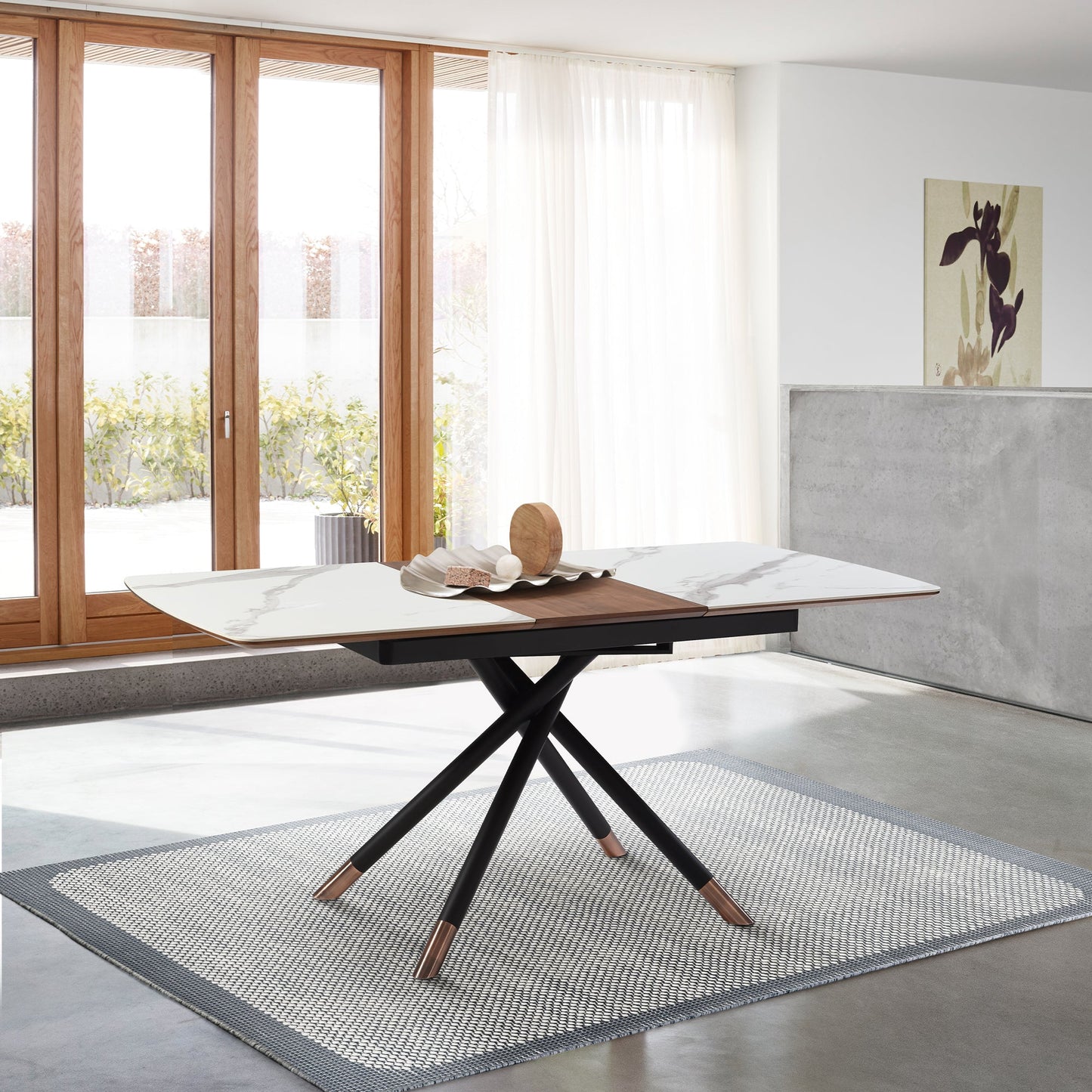 Alora Extendable Dining Table with Light Gray Ceramic and Wood Top and Metal Legs