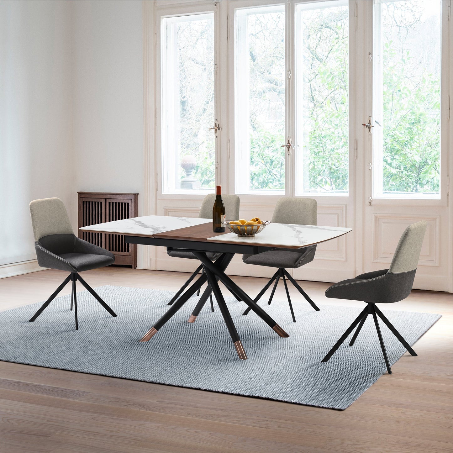 Alora Extendable Dining Table with Light Gray Ceramic and Wood Top and Metal Legs