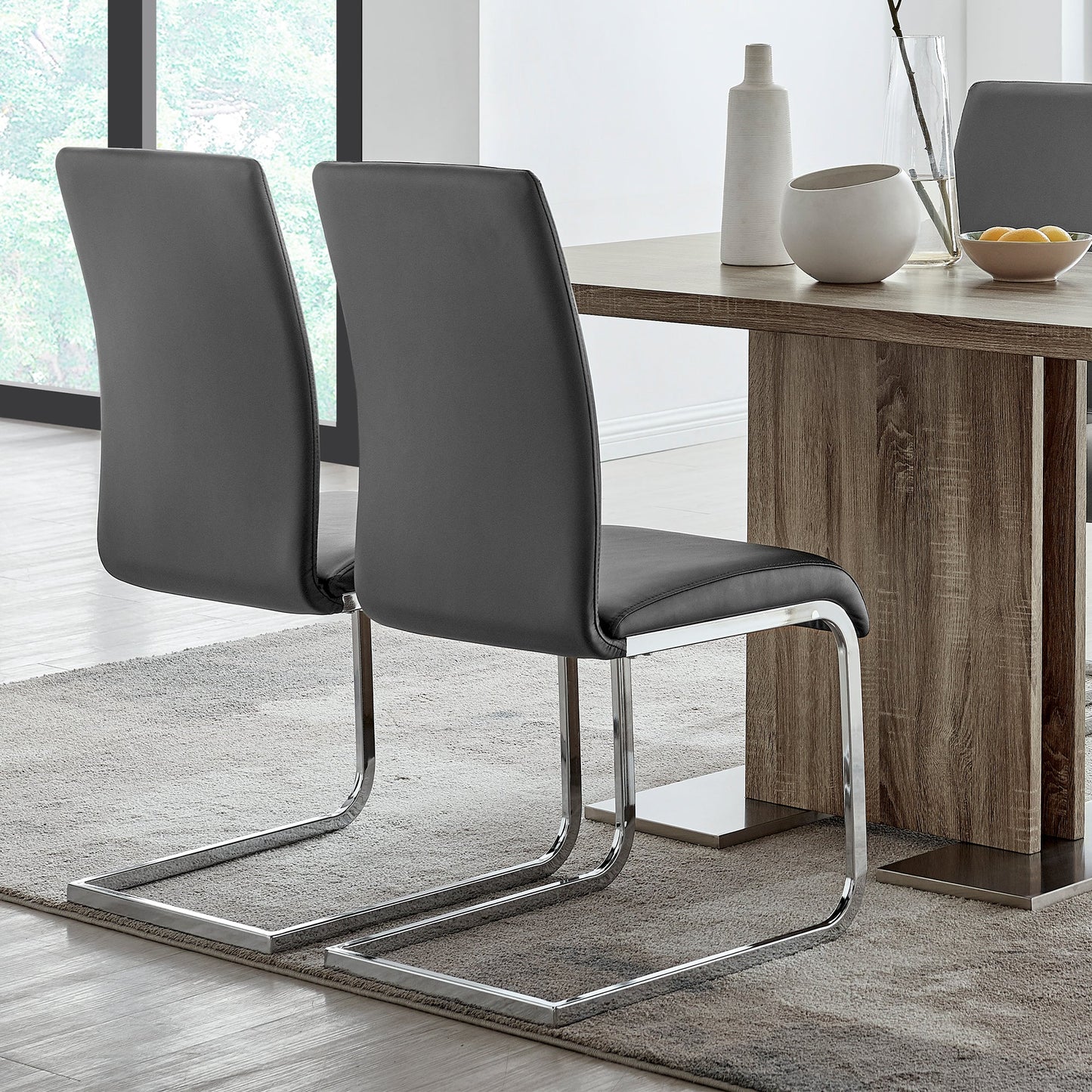 Amanda Contemporary Side Chair in Gray Faux Leather and Chrome Finish - Set of 2