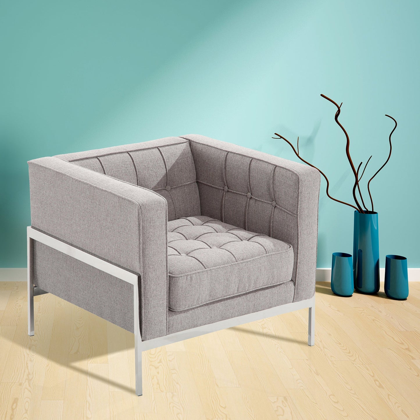 Andre Contemporary Chair In Gray Tweed and Stainless Steel