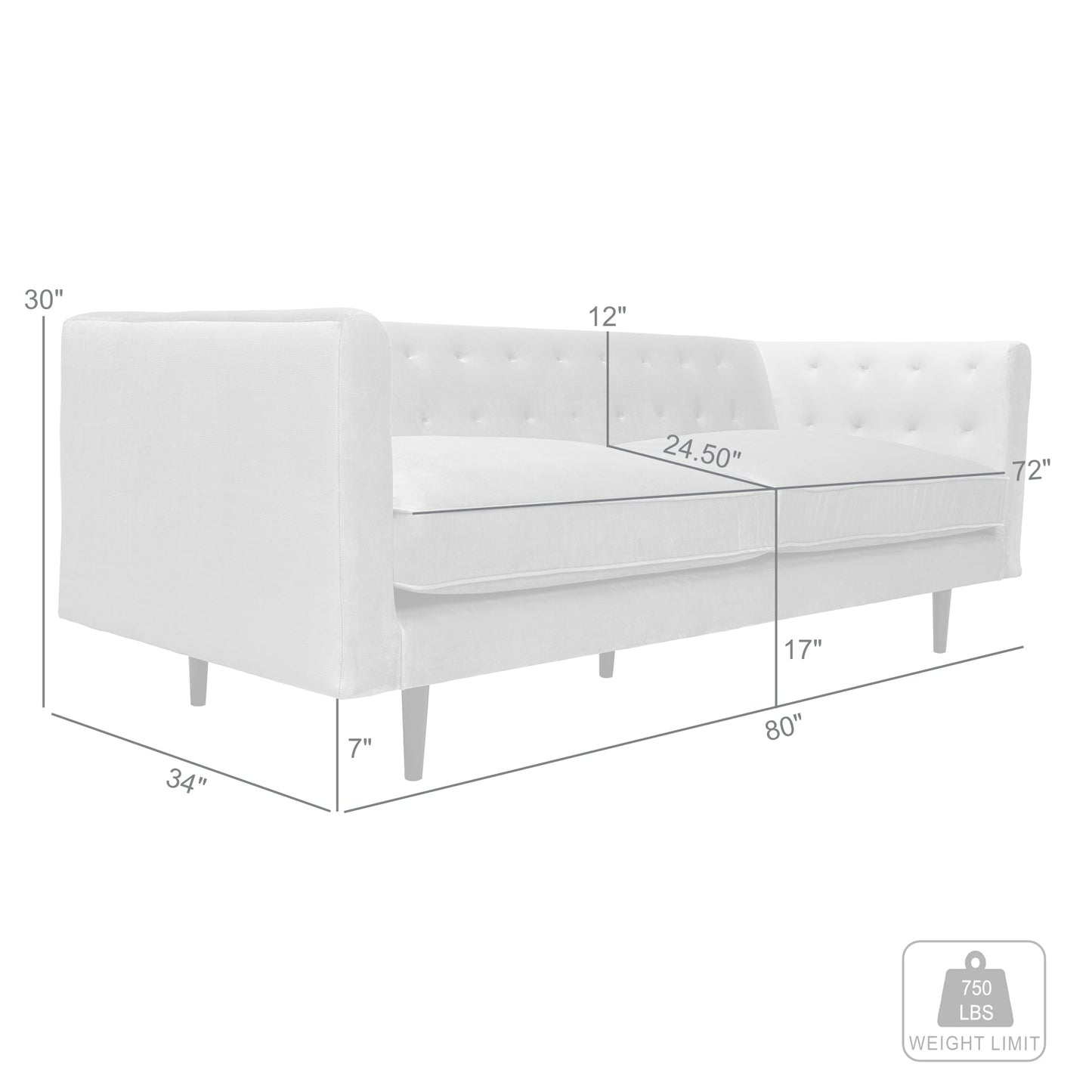 Annabelle 80" Bluestone Velvet Sofa with Black Wood Legs